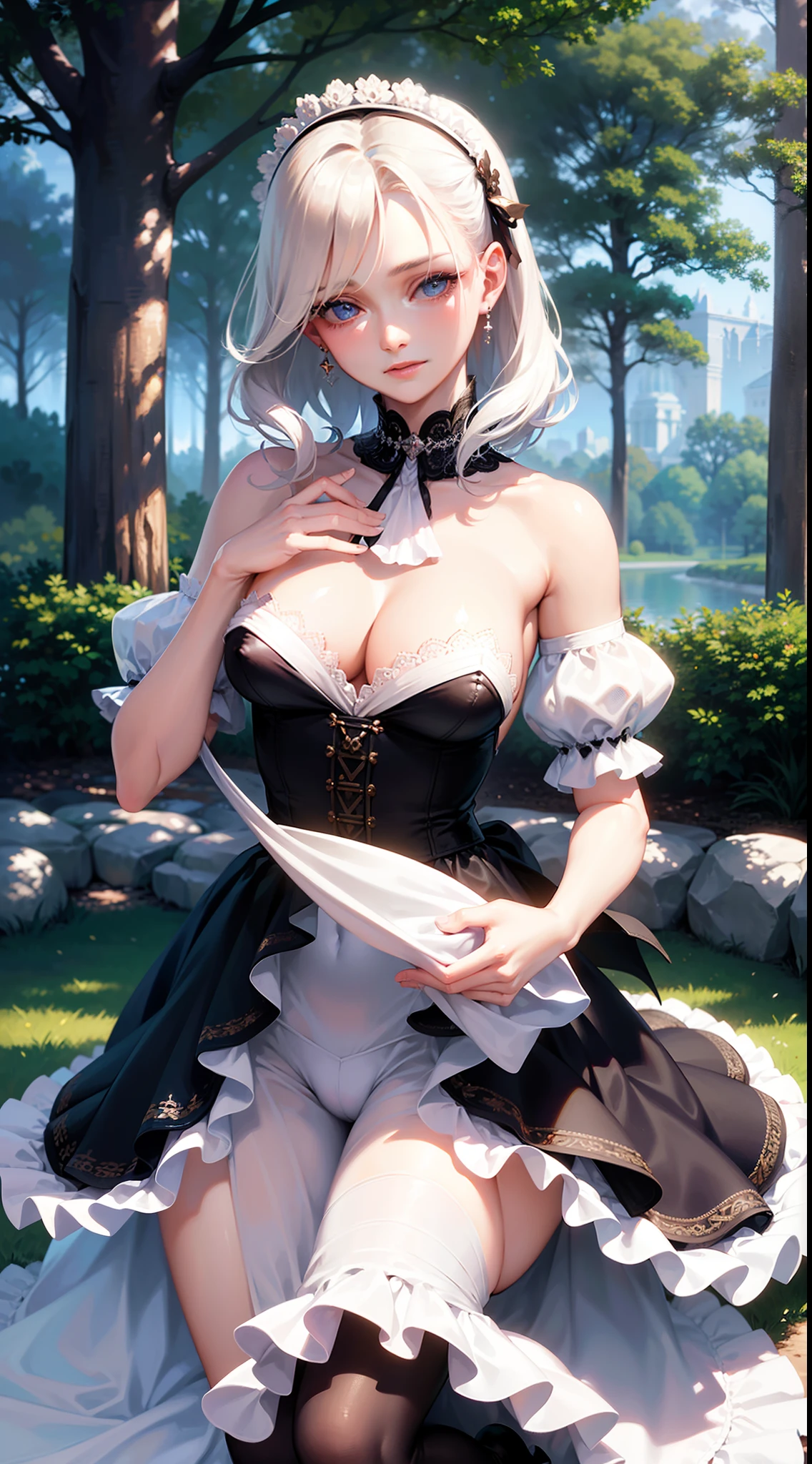 high quality fingers, normal hands, detailed fingers,masterpiece, (realistic, photo-realistic:1), (22 years old woman), medium breast, small waist, white hair, blue eyes, beautiful face, perfect illumination, beautiful detailed eyes, stunningly beautiful woman, detailed hairstyle, detailed background, forest park, skirt, erect nipples see through cloth