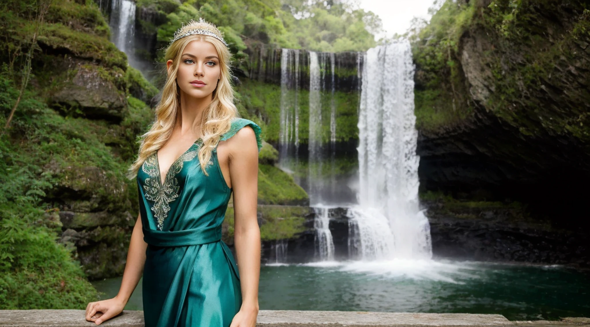 Only 1 arafed woman in a green dress with a waterfall in the background, de corpo inteiro, muito bonito Rio top model, Bela Sci - Fi-twins, elven character with smirk, Elven Princess, beautiful elven princess, of elven queen galadriel, cosplay realista, blonde elvish empress, Rio, fantasy photoshoot, elfo feminino bonito e elegante