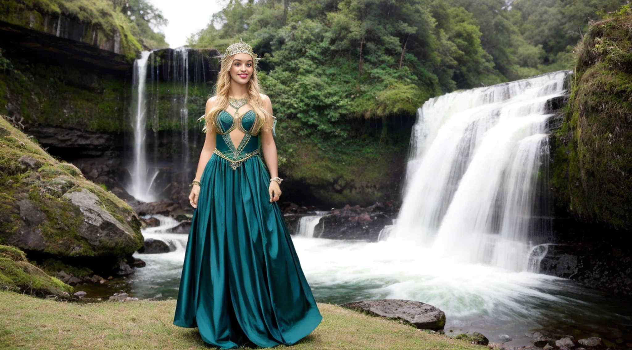 Only 1 arafed woman in a green dress with a waterfall in the background, de corpo inteiro, muito bonito Rio top model, Bela Sci - Fi-twins, elven character with smirk, Elven Princess, beautiful elven princess, of elven queen galadriel, cosplay realista, blonde elvish empress, Rio, fantasy photoshoot, elfo feminino bonito e elegante