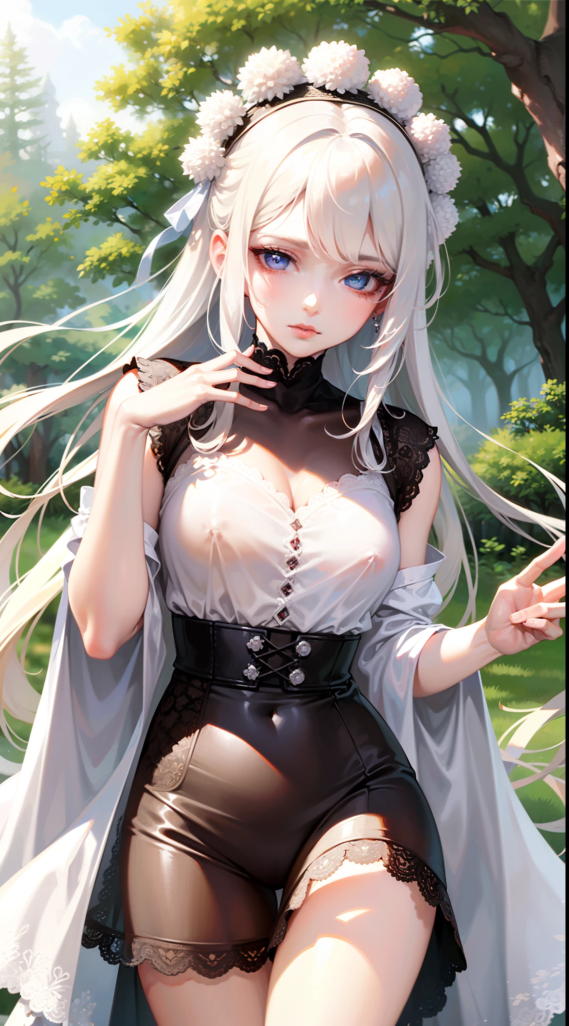 high quality fingers, normal hands, detailed fingers,masterpiece, (realistic, photo-realistic:1), (22 years old woman), medium breast, small waist, white hair, blue eyes, beautiful face, perfect illumination, beautiful detailed eyes, stunningly beautiful woman, detailed hairstyle, detailed background, forest park, skirt, erect nipples see through cloth