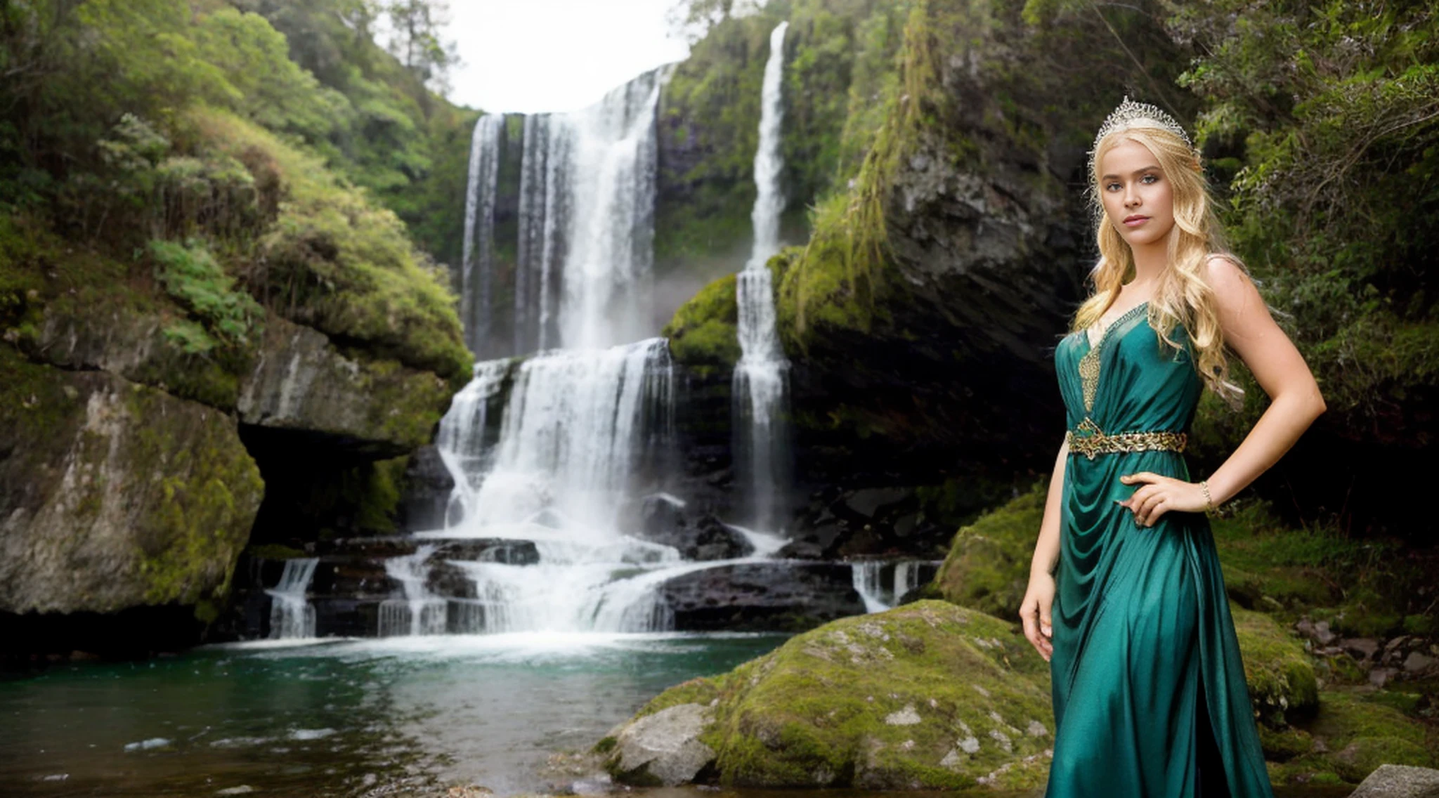 Only 1 arafed woman in a green dress with a waterfall in the background, de corpo inteiro, muito bonito Rio top model, Bela Sci - Fi-twins, elven character with smirk, Elven Princess, beautiful elven princess, of elven queen galadriel, cosplay realista, blonde elvish empress, Rio, fantasy photoshoot, elfo feminino bonito e elegante