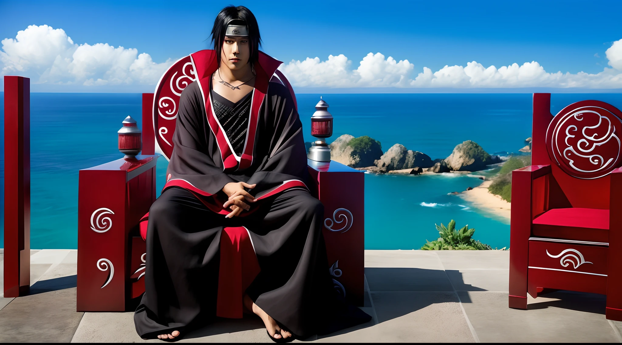 O REI uchiha itachi SOZINHO SENTADO EM UM TRONO, FEITO DE PENAS PRETAS, HIPER DETALHADO Melhor qualidade