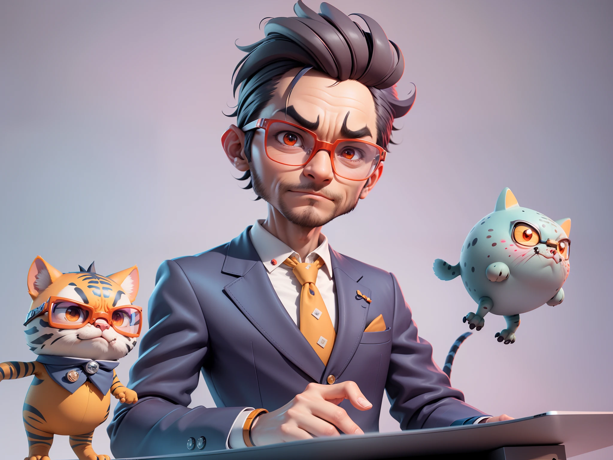 A young man in a suit, Short hair and glasses sat at his desk,holding laptop,digitial painting,tigre,3D character design by Mark Clairen and Pixar and Hayao Miyazaki and Akira Toriyama,4K HD illustration,Very detailed facial features and cartoon-style visuals。