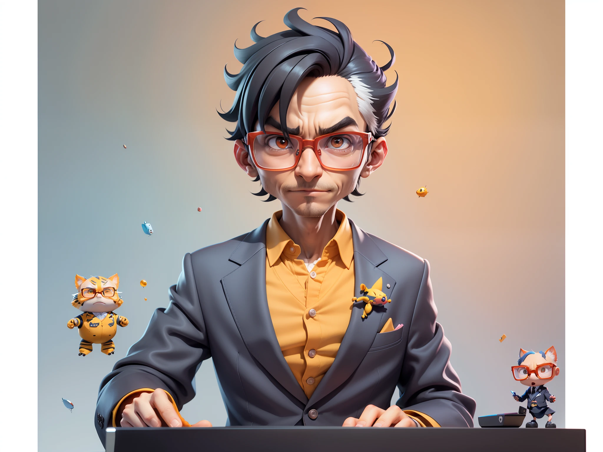 A young man in a suit, Short hair and glasses sat at his desk，holding laptop，digitial painting，tigre，3D character design by Mark Clairen and Pixar and Hayao Miyazaki and Akira Toriyama，4K HD illustration，Very detailed facial features and cartoon-style visuals。