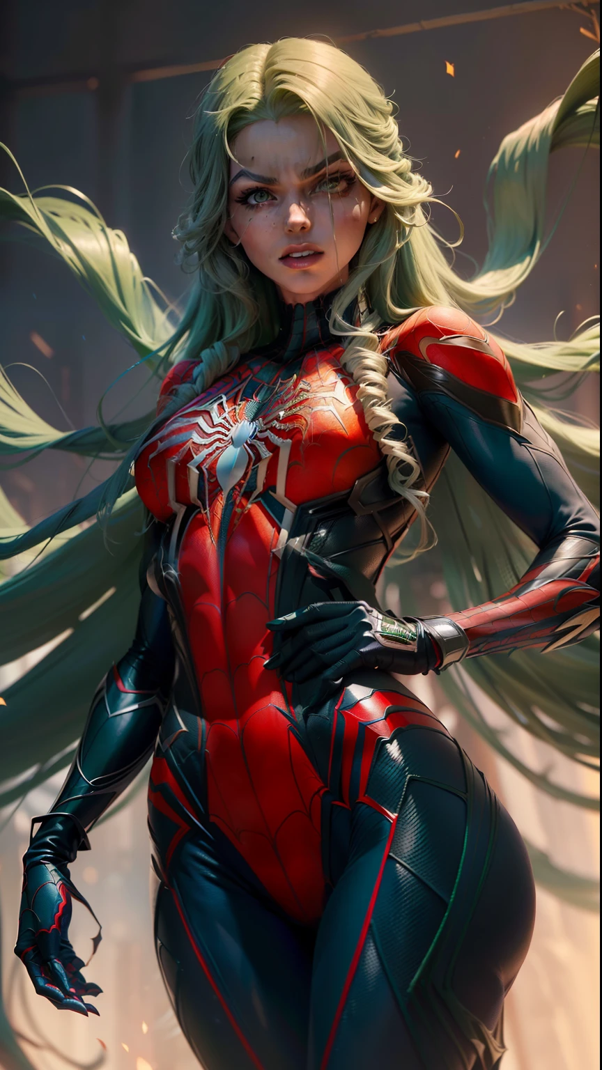 "((best quality,best ilumination)), Beautiful girl with long green hair and athletic body, abdomen detalhado (((vestindo trajes de SPIDER-MAN))), seios acentuados e destacados, dynamic pose, fundo colorido, high saturation, luzes vibrantes." corpo inteiro (((cabelo verde))) ((Hands lowered)) (((25 anos)))