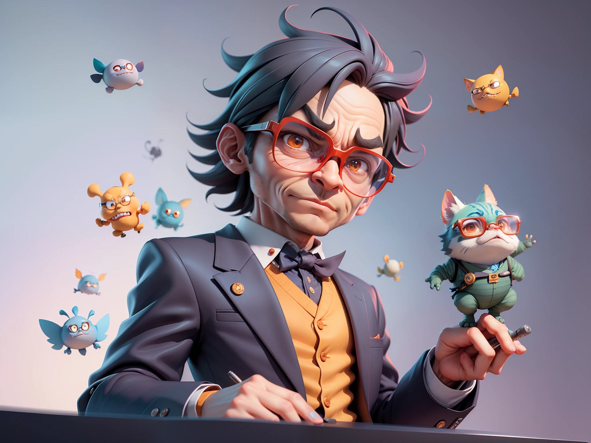 A young man in a suit, Short hair and glasses sat at his desk，holding laptop，digitial painting，tigre，3D character design by Mark Clairen and Pixar and Hayao Miyazaki and Akira Toriyama，4K HD illustration，Very detailed facial features and cartoon-style visuals。
