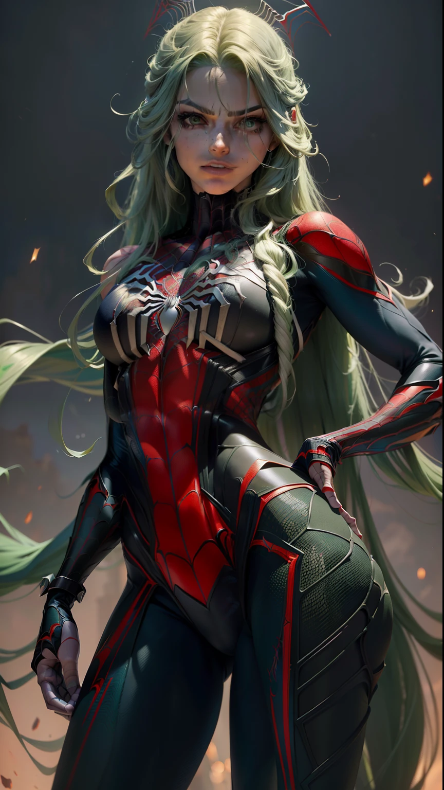 "((best quality,best ilumination)), Beautiful girl with long green hair and athletic body, abdomen detalhado (((vestindo trajes de SPIDER-MAN))), seios acentuados e destacados, dynamic pose, fundo colorido, high saturation, luzes vibrantes." corpo inteiro (((cabelo verde))) ((Hands lowered)) (((25 anos)))