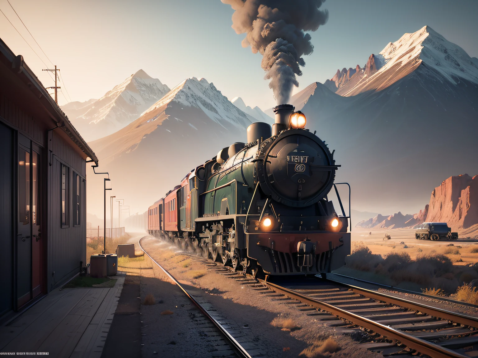 there is a train, adventure hyper realistic render, detailed scenery —width 672, stylized digital illustration, locomotive, detailed digital artwork, best on adobe stock, inspired by Mike Winkelmann, 4k highly detailed digital art, by Mike Winkelmann, stylized digital art, trains. house