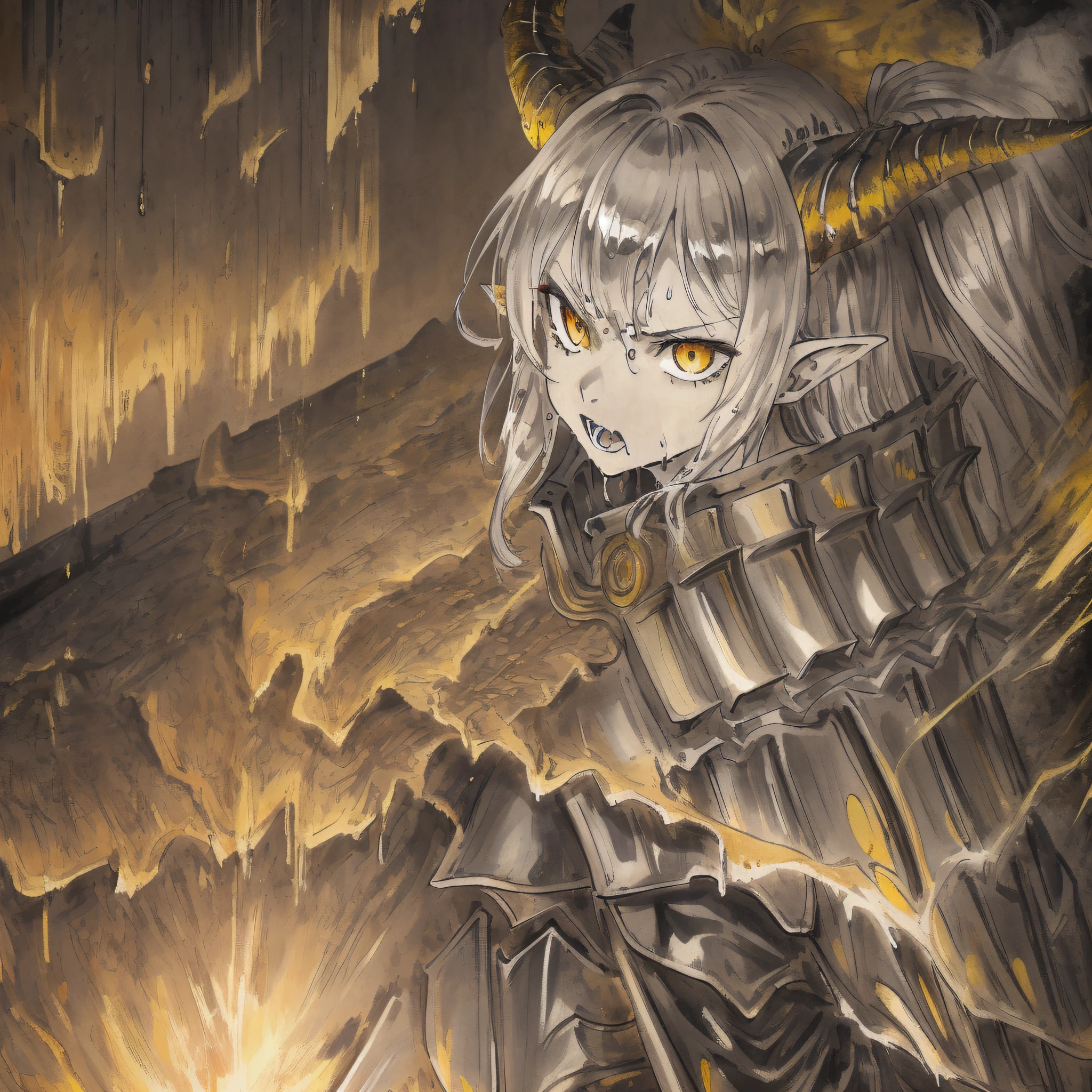 extremely detailed CG unity 8k wallpaper, (masterpiece), best quality, illustration, (1 girl), wet skin, expressionless, yellow eyes, (anger), horns, (silver armor), metal, complex pattern, corner, cape, indifference