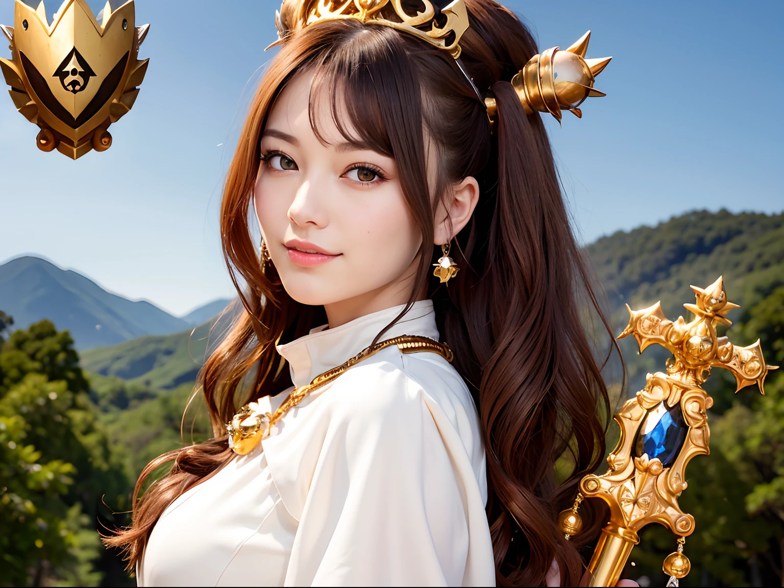 (masutepiece), Professional , ​masterpiece、top-quality、photos realistic , depth of fields （Gemstone Silver Metal Body:1.９),(Matte White、Jewel Gold Weapon、（Gorgeous castle background）、（ultimate beauty girl）、（Jewel Metal Body:1.４),Gorgeous Jewel Metal Weapons , Detailed Sword of the Brave ,（ Soldier background in metal armor）   ,warhammer 40k , adepta sororitas,Detail and ornate jewel crown、独奏、Brown hair、（Gangle's forest background）、Beautiful Caucasian beauty、１a person、dynamic ungle,(((Diamond tiara with detail and luxury)))、a small face、A smile、Powerful poses、（Gorgeous castle background）、huge filesize、20 year old beautiful woman、Stand in the center of the screen、Thin female fingers、Straight long hair、Beautiful Caucasian beauty、