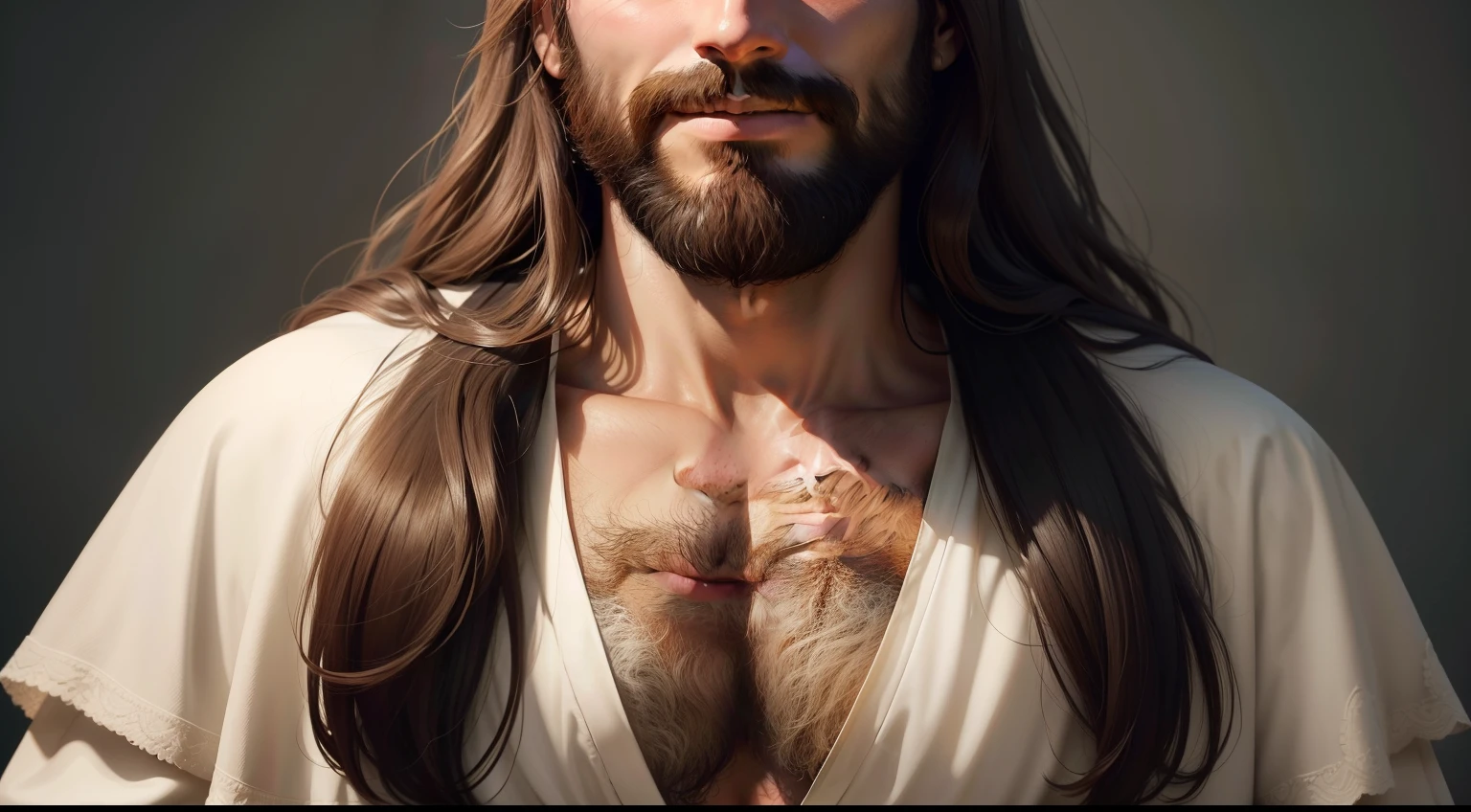 Jesus Christ in his glory facing the camera with shy smile and sensitive gaze, roupa branca, cabelos longos, olhos azuis, medium beard, foto de alta qualidade, High definition photo