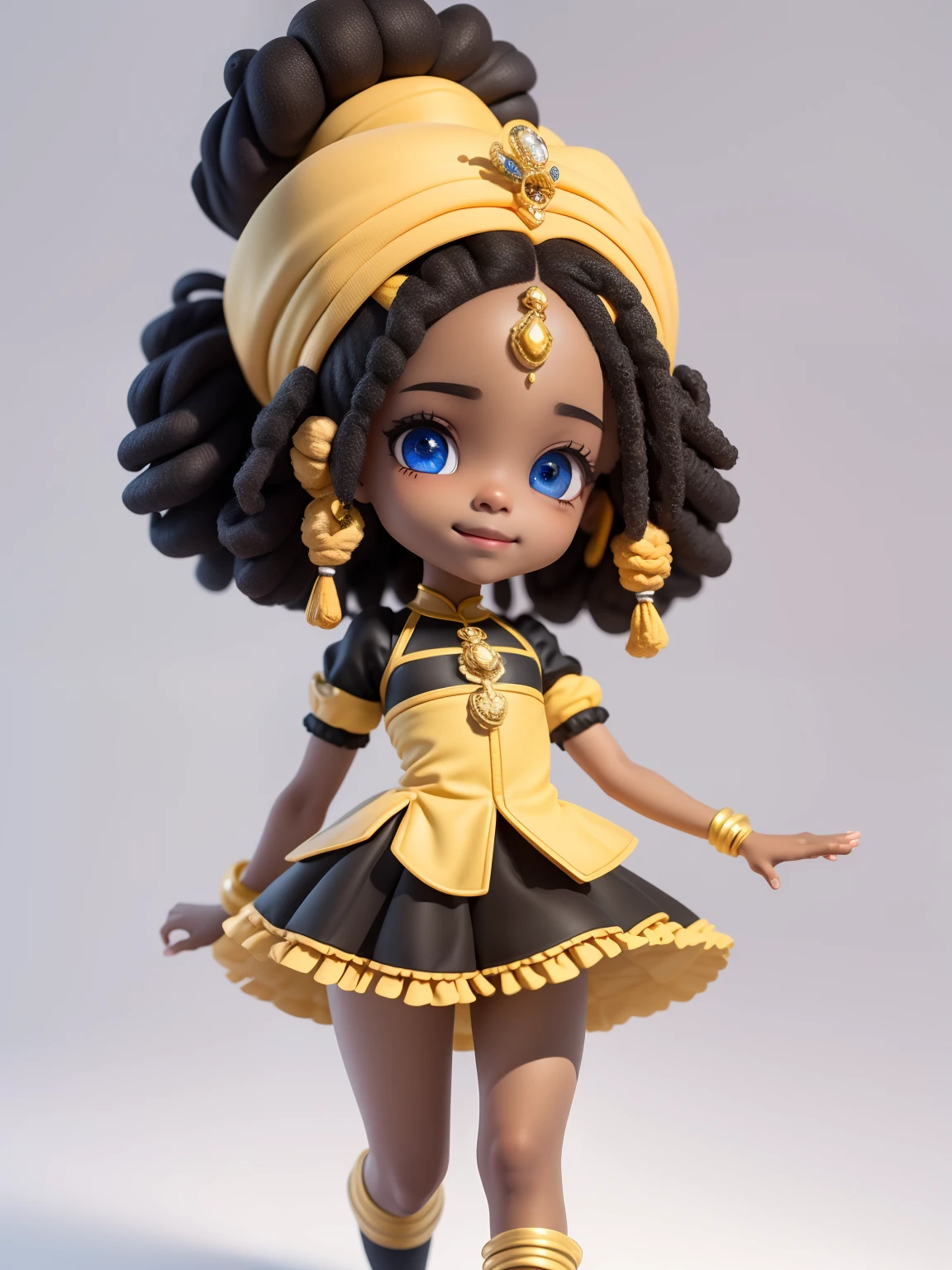 negra, loli, ido longo e detalhado em dourado, sorriso claro, turbante, roupas afro, princesa, blurry, cabelo preso, dread's ,cabelo preto, fundo simples e branco (belo rosto detalhado), (belos olhos detalhados),