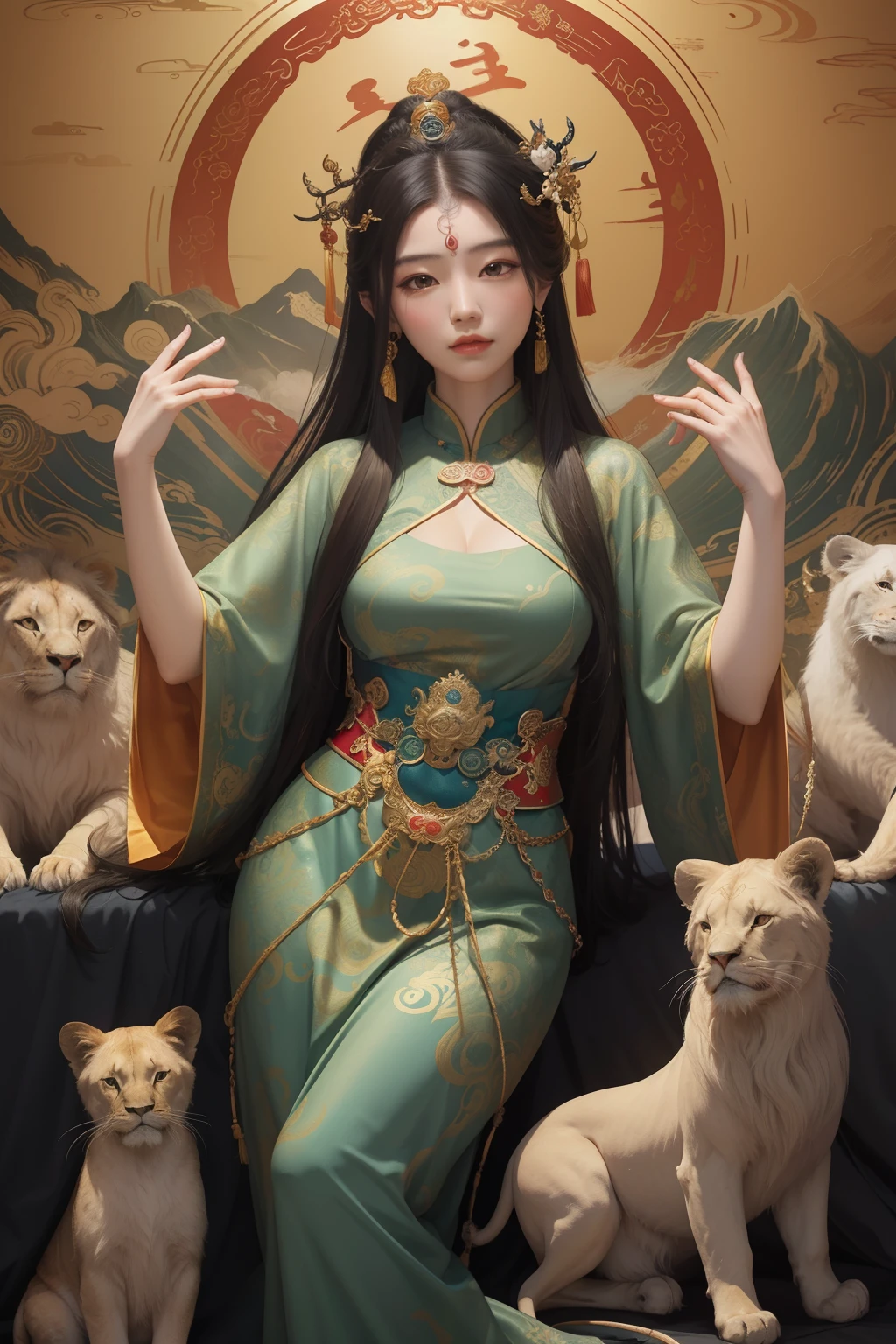 an ancient Chinese goddess, guanyin of the southern seas, Guanyin, Inspired by China, Avalokiteshvara rides a lion，,Serene expression,shui mo hua,Buddha,Buddhist,Lotus,Chinese painting style,Thangka style