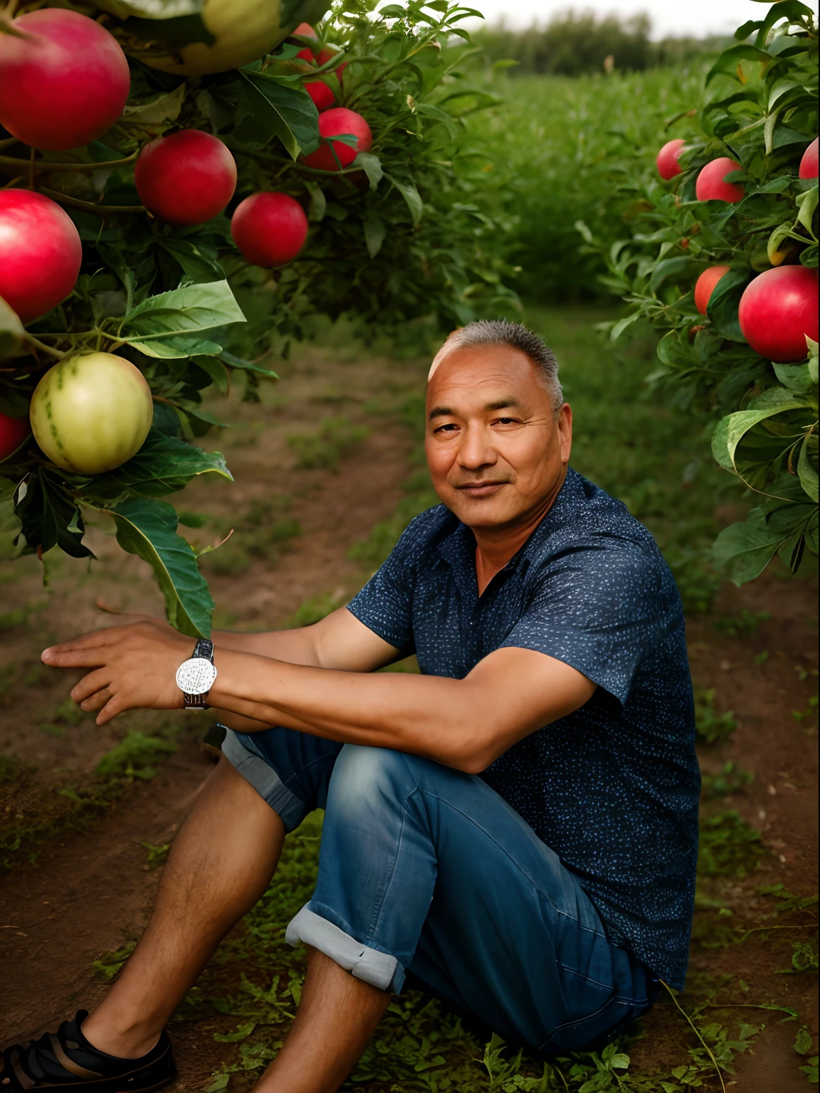 RAW photos，A 50-year-old man sits in a field full of watermelons（highdetailskin：1.2），8k ultra high definition，digital SLR camera，gentlesoftlighting，high high quality