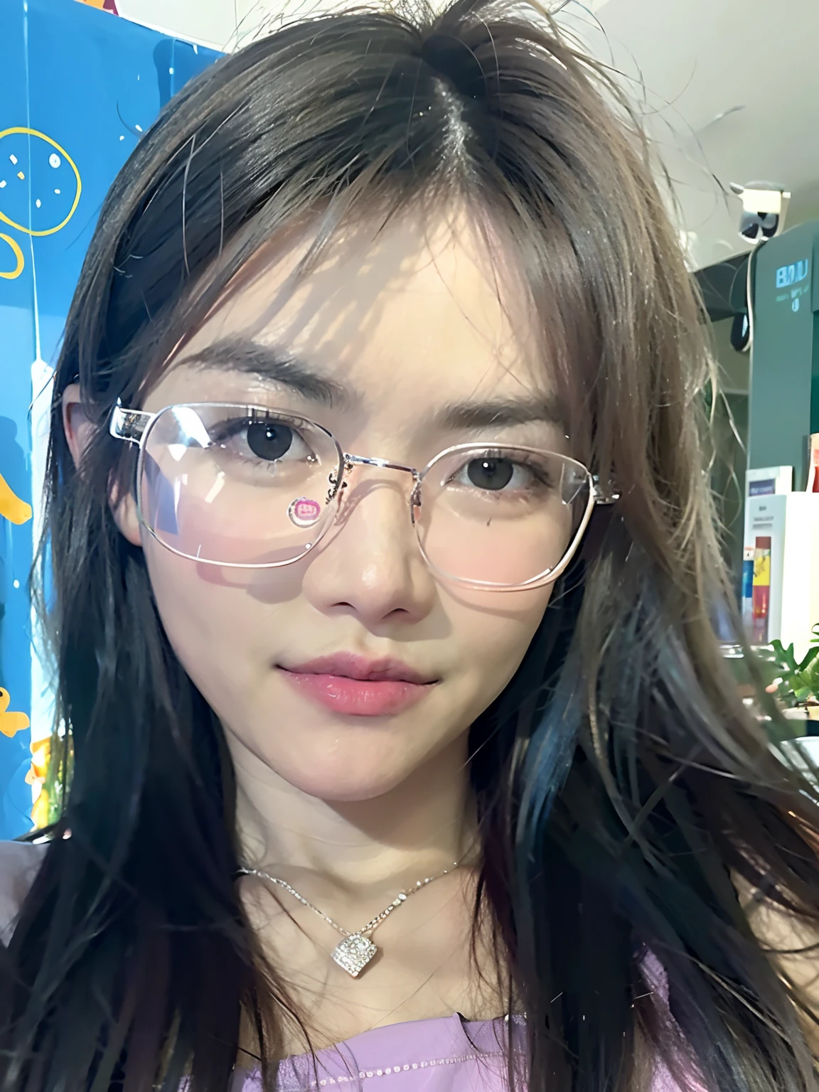 There was a woman with glasses，A necklace is worn around his neck, 8k selfie photograph, With glasses, eye glass, clear cute face, young cute wan asian face, wearing thin large round glasses, wearing small round glasses, with accurate face, very very low quality, thick glasses, she has a cute expressive face, wears glasses, She has a cute face