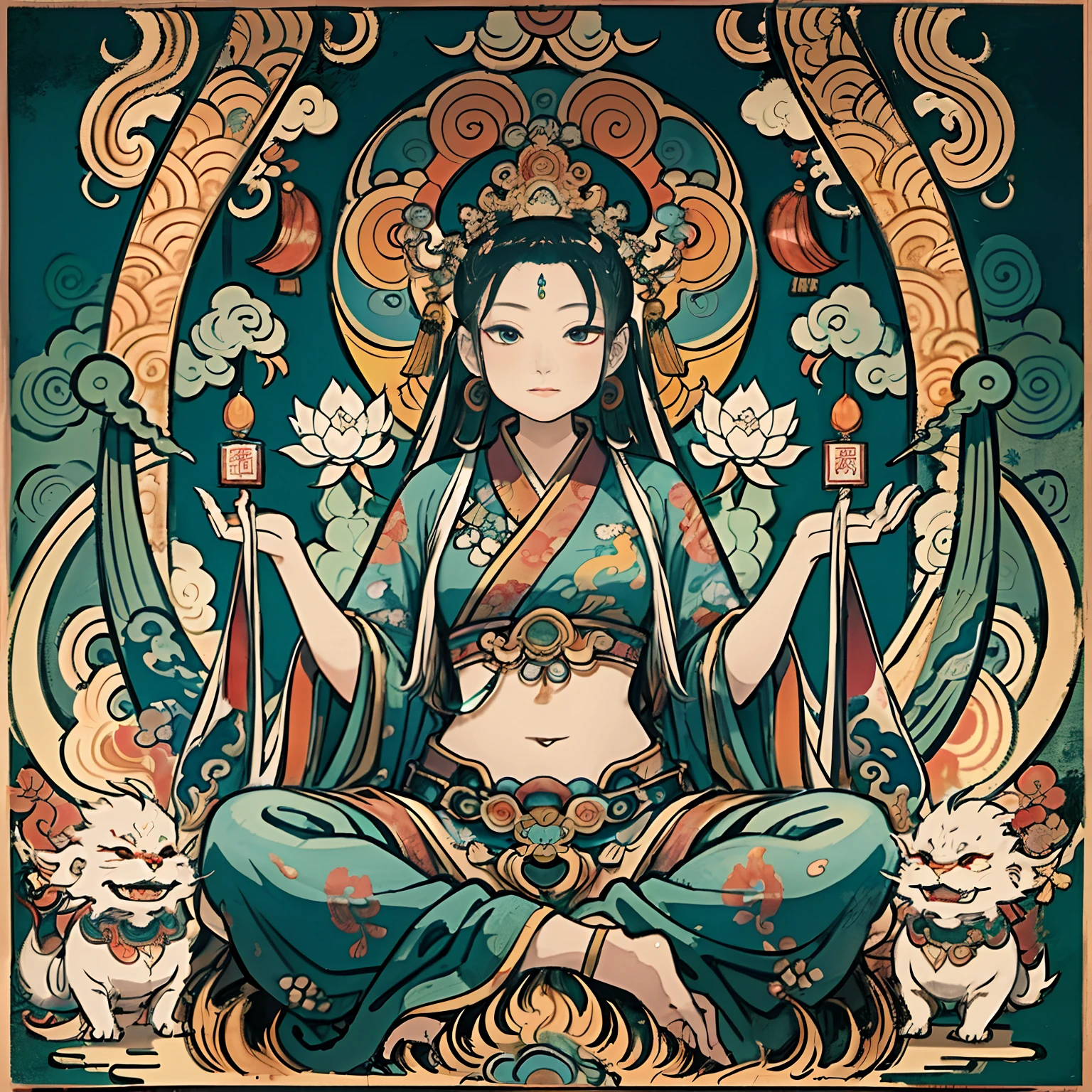 an ancient Chinese goddess, guanyin of the southern seas, Guanyin, Inspired by India, Avalokiteshvara rides a dragon,,Serene expression,shui mo hua,Buddha,Buddhist,Lotus,Chinese painting style,Thangka style