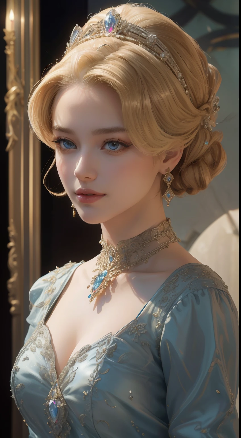 tmasterpiece,Highest image quality,Beautiful bust of a royal lady,Delicate blonde hairstyle,Embellished with a dazzling array of intricate jewelry,super detailing,upscaled。