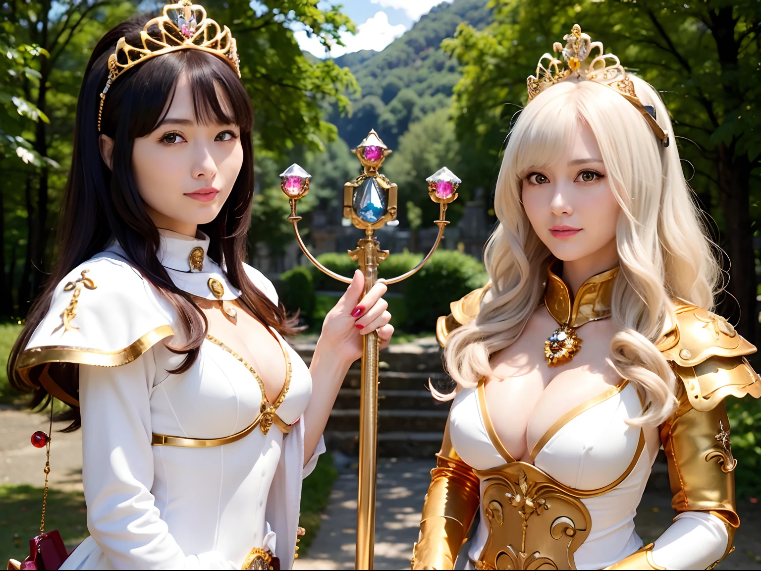 (masutepiece), Professional , masterpiece、top-quality、photos realistic , depth of fields (Gemstone Silver Metal Body:1.9),(Matte White、Jewel Gold Weapon、(Gorgeous castle background)、(ultimate beauty girl)、(Jewel Metal Body:1.4),Gorgeous Jewel Metal Weapons , Detailed Sword of the Brave ,( Soldier background in metal armor) ,warhammer 40k , adepta sororitas,Detail and ornate jewel crown、独奏、Black hair、(Gangle's forest background)、Beautiful Caucasian beauty、1a person、dynamic ungle,(((Diamond tiara with detail and luxury)))、a small face、A smile、Powerful poses、(Gorgeous castle background)、huge filesize、20 year old beautiful woman、Stand in the center of the screen、Thin female fingers、Straight long hair、Beautiful Caucasian beauty、Whole body、