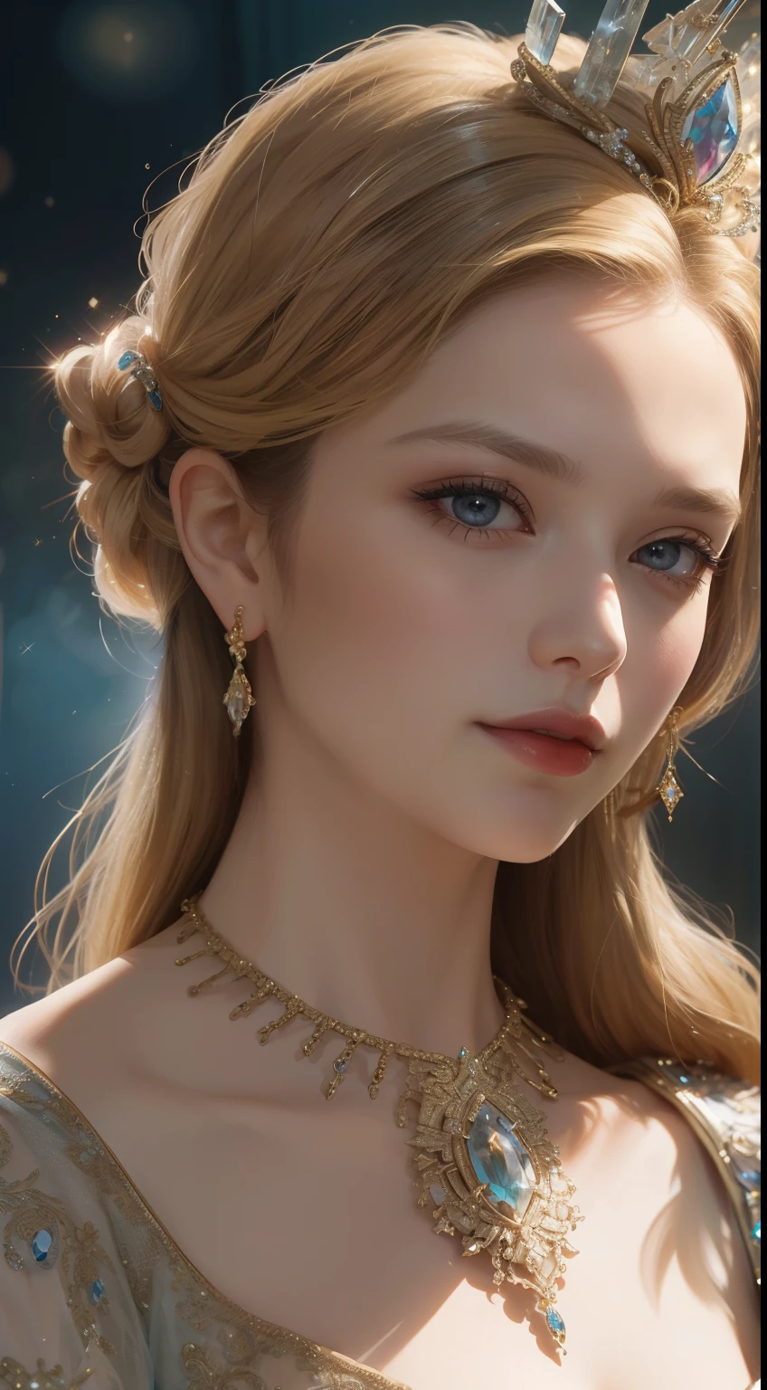 (Ultra-high quality masterpiece，Beautiful bust of an 18-year-old noble girl，Classical braids，The eyes are shiny and clear，Floral craftsmanship，Crystal jewelry，Ultra-fine details，Soft lighting)