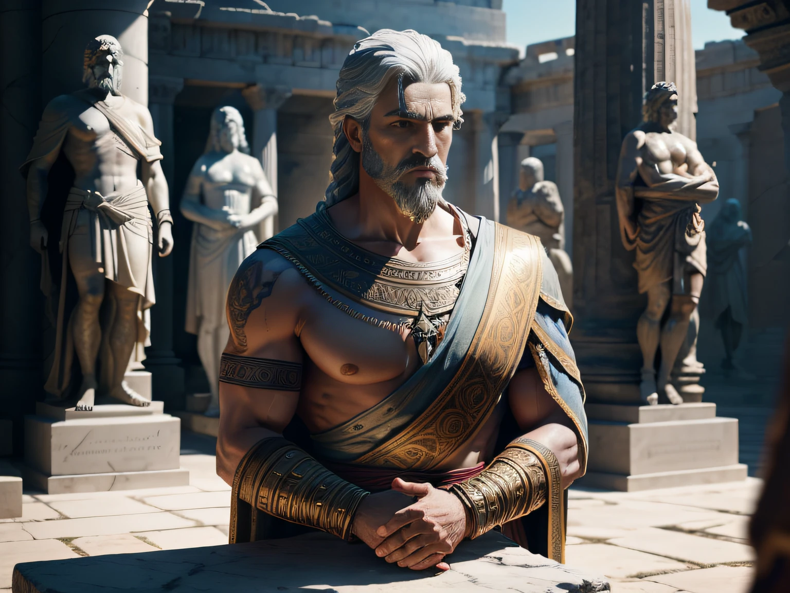 Create a captivating 8K image featuring a lineup of influential Greek figures from the 3rd century BC, transformed into statues within a scene that draws inspiration from the dramatic visuals of 'God of War'. Surround the statues with an air of mystique through shadow and intense lighting, capturing the essence of their contributions to history.