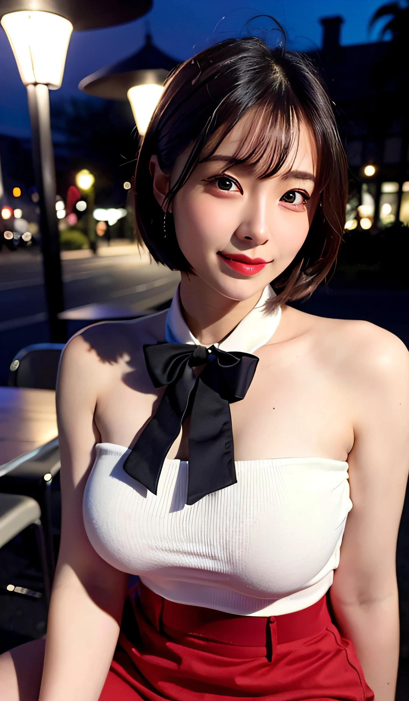 (8k, RAW photo, best quality, masterpiece:1.2), (realistic, photo-realistic:1.37), ultra-detailed,
1 girl,cute, solo,beautiful detailed sky,detailed cafe,night,sitting,dating,(nose blush),(smile:1.1),(closed mouth),large breasts, seductive smile, large aparture, professional lighting, Sony A7R4, Zessie 50mm F1.8,
medium breasts,beautiful detailed eyes,(white sexy dress:1.1), bowtie,pleated skirt,(short hair:1.2),floating hair
