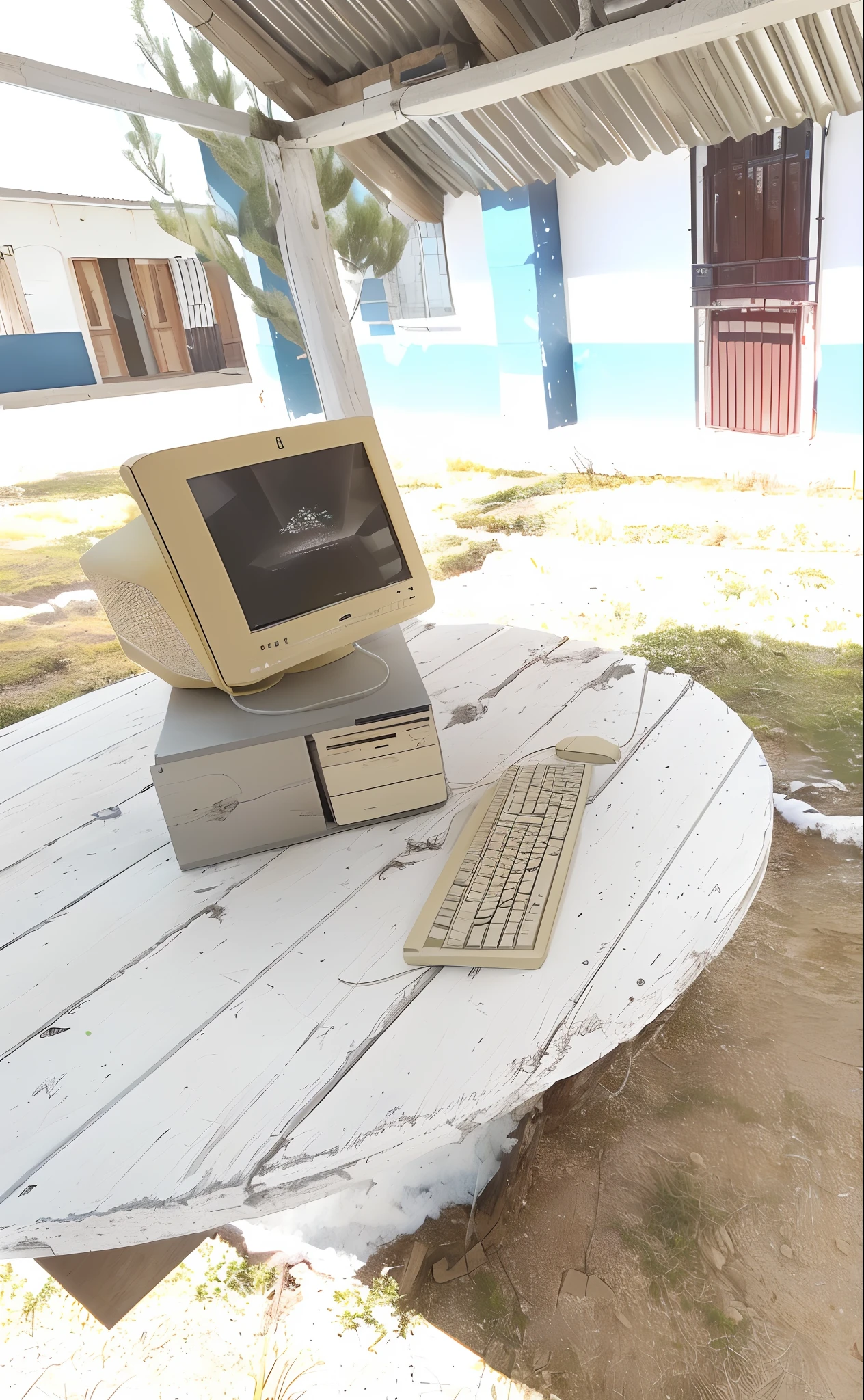 Hay una computadora en una mesa con un teclado y un monitor, Ordenador moderno futuristico, ordenador, hermoso paisaje