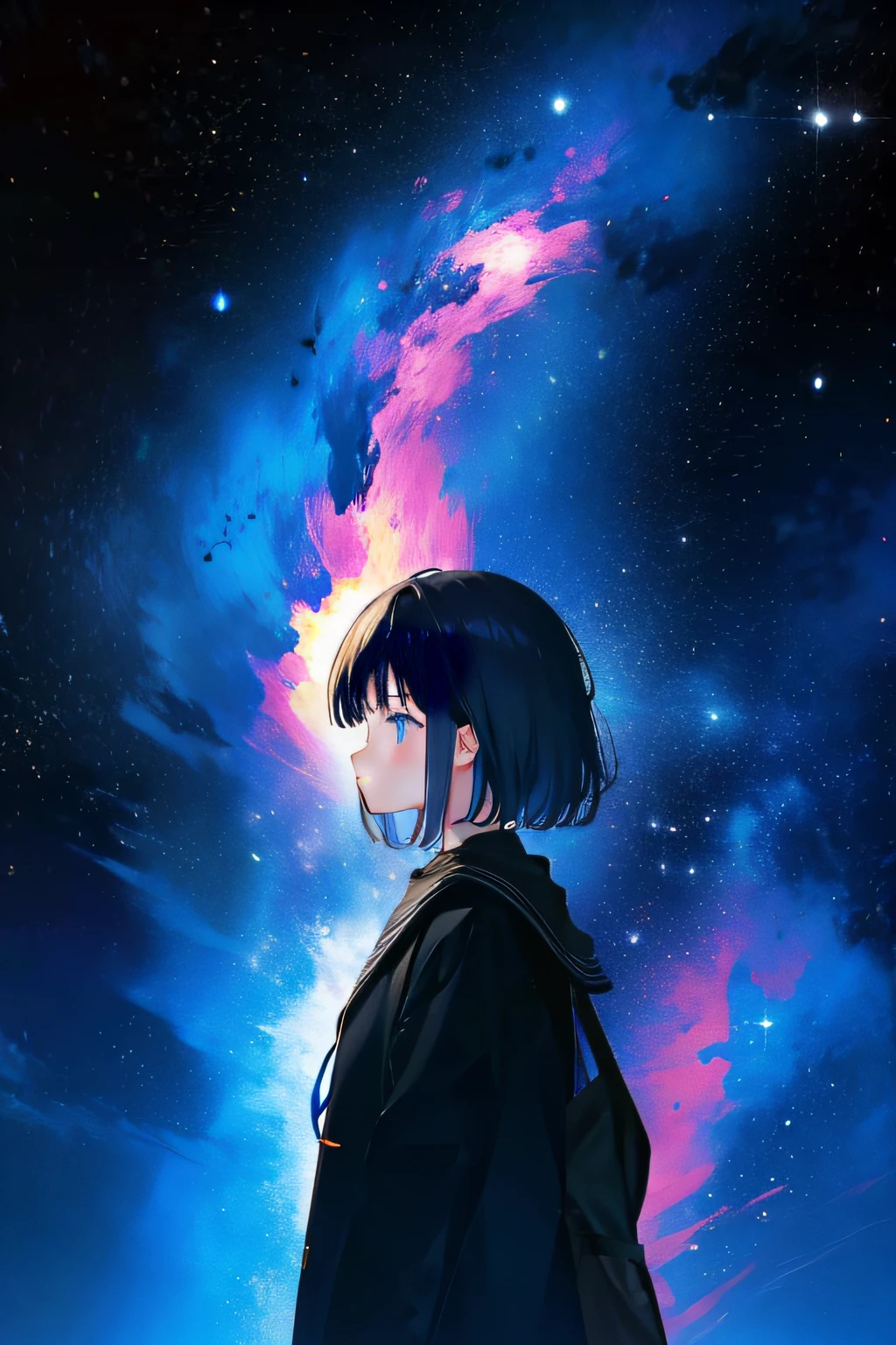 1girll,Side face staring at the starry sky