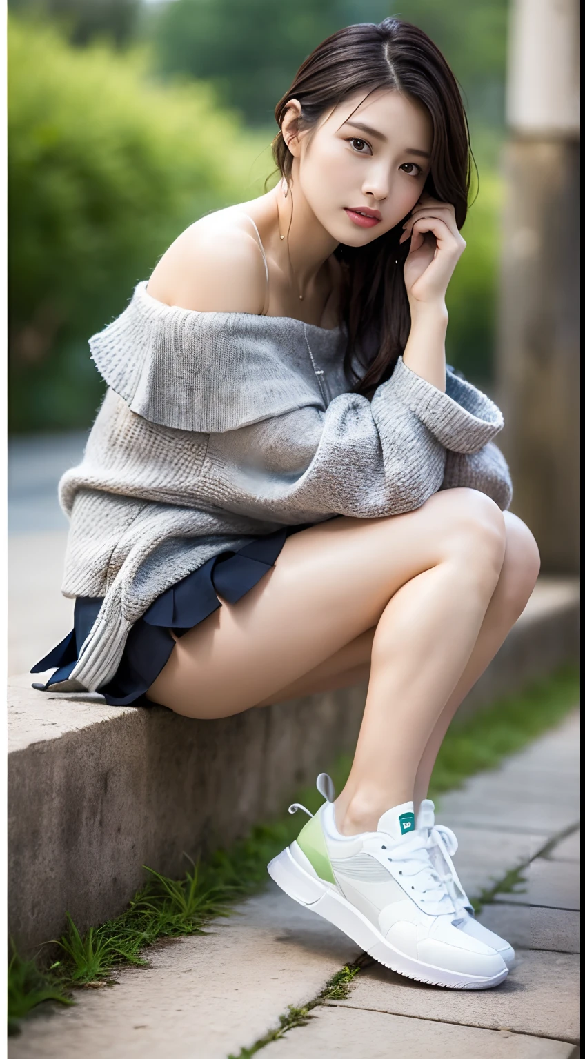 ((Best picture quality, 8K, tmasterpiece:1.3)), 1girll, Casual hairstyle, （off-shoulder blouse，Short pleated skirt：1.3）,（wet see through clothes：1.4），Ultra-fine face, A detailed eye, 二重まぶた，（long leges：1.4），（athletic sneakers：1.3）Erlang legs，Sit sideways on a high platform