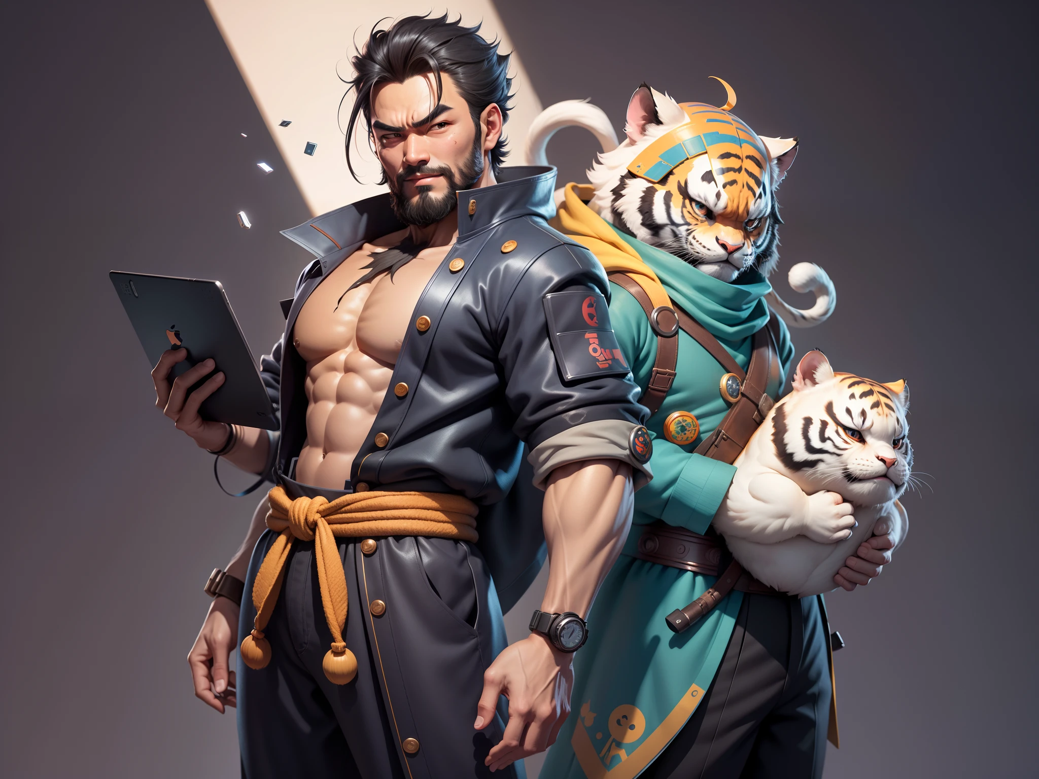 (Daisaku),(Need),(Super meticulous),(full bodyesbian:1.2),Super young man with Japanese geisha，Beautiful，orient，one tiger，Aeolian Thor，Raised sexy，爆乳，Oriental face，TV Anchor，Bust portrait illustration，In black suit，a blue tie，The face is slightly chubby，The face was clean，without a beard，Black super short hair，Black eyes，Smile confidently，3C computer sub-products，iPad， iphone，Digital painting，3D character design by Mark Clairen and Pixar and Hayao Miyazaki and Akira Toriyama，The illustration is a high-definition illustration in 4K resolution，With very detailed facial features and cartoon-style visuals。
