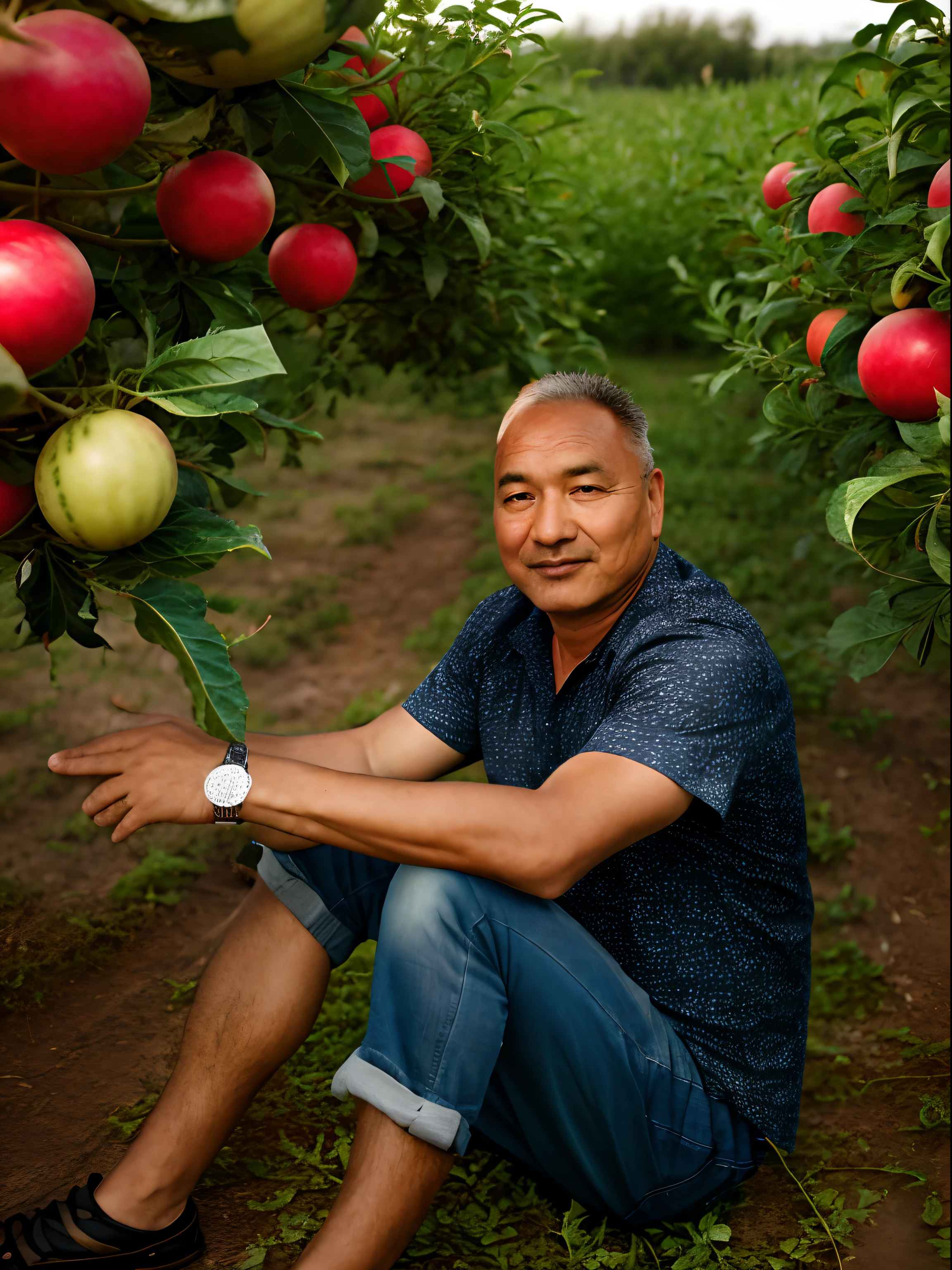 RAW photos，A 50-year-old man sits in a field full of watermelons（highdetailskin：1.2），8k ultra high definition，digital SLR camera，gentlesoftlighting，high high quality