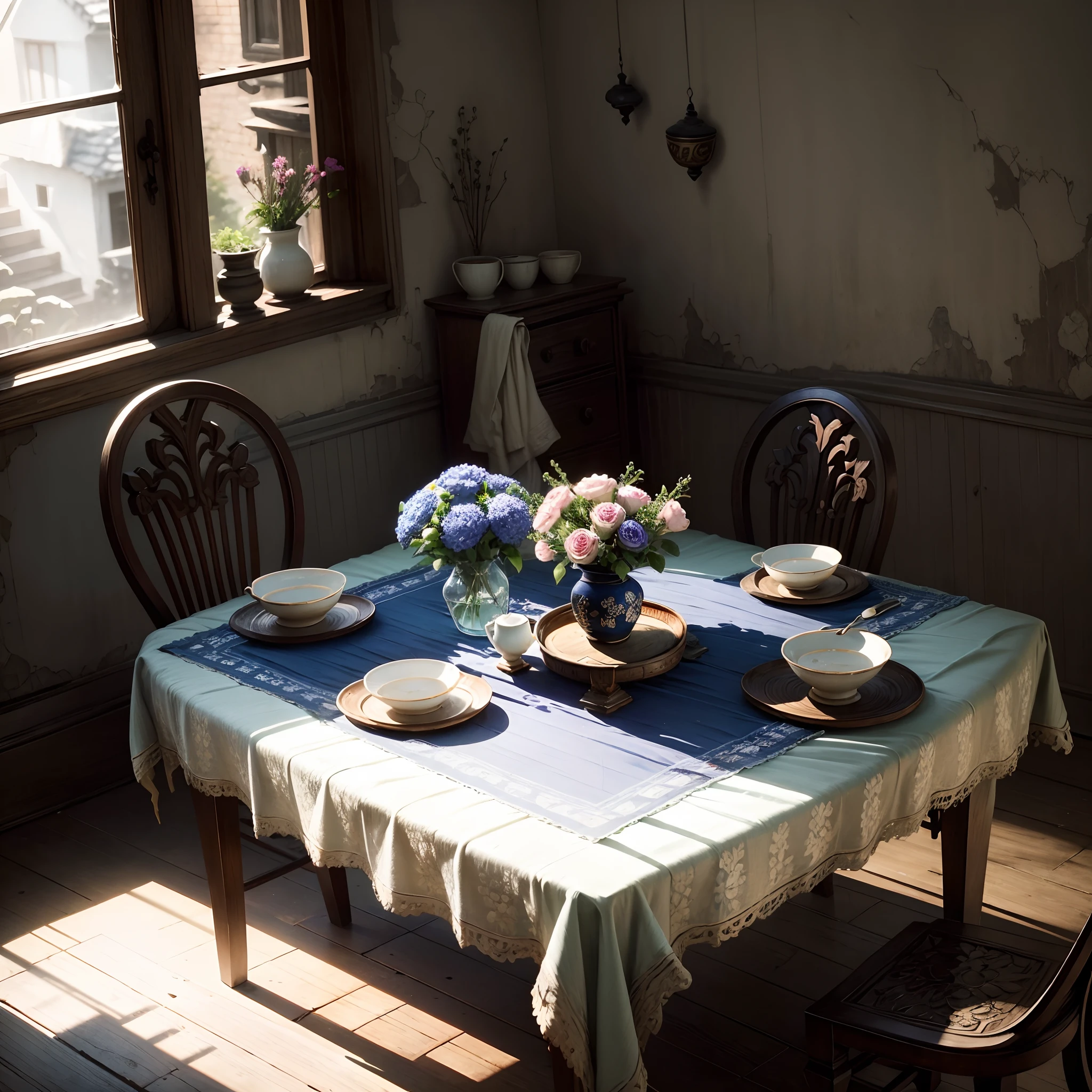 Dilapidated houses,Square table,A tablecloth covered with a pattern,Exquisite ceramic cup, ceramic bowl, ceramic bottle on table,A few bouquets of flowers,Vivid and beautiful,A light shone on the table from outside the house,particle fx,Exquisitely,the detail