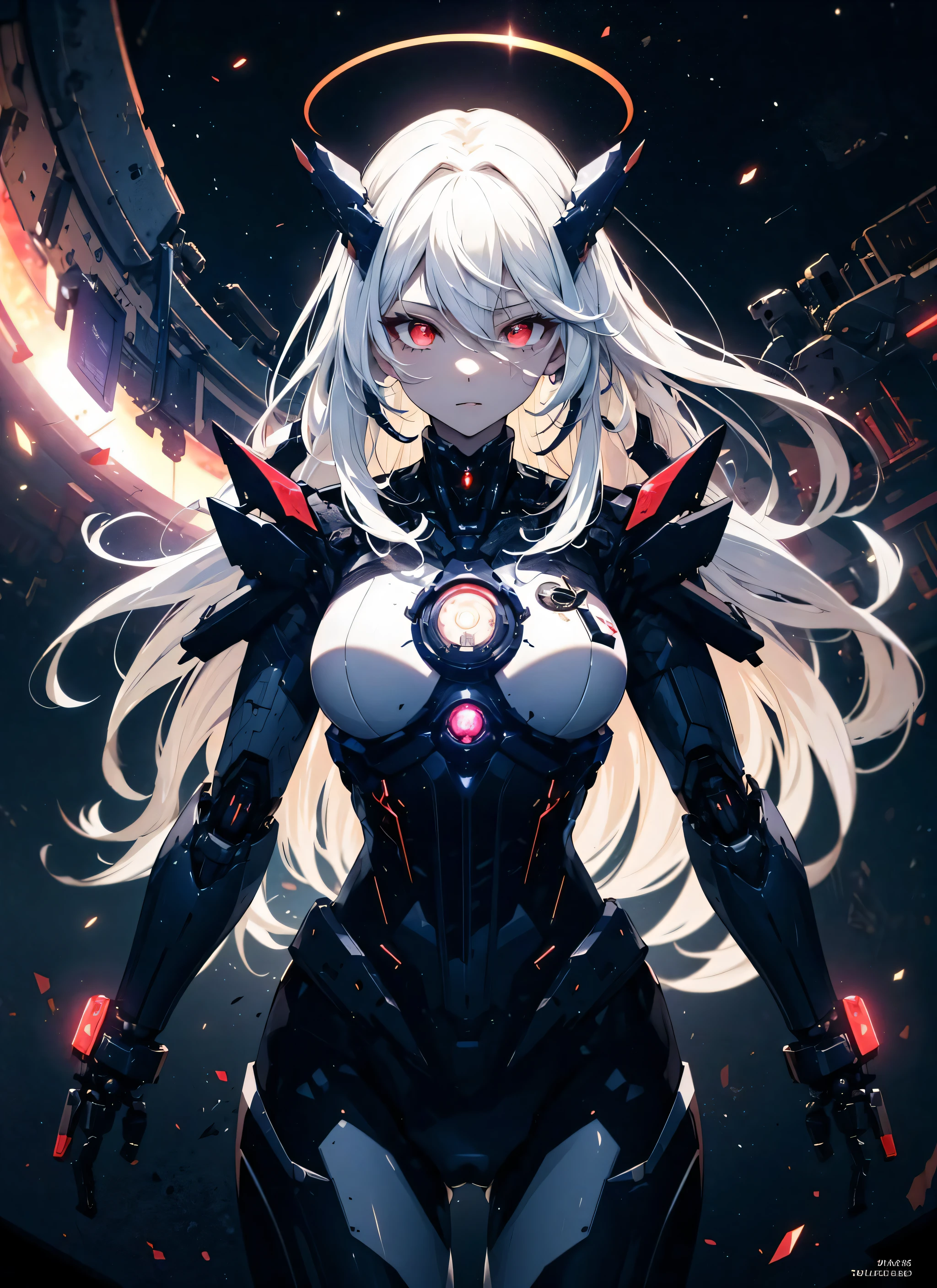 ((1 cyborg loli)),((huge breasts,biomechanical breasts)),((small penis,erect penis)),((nipple fuck)),((urethral insertion)),standing with raised high ,((short white hair, red eyes, evil smile)), a factory, at night,