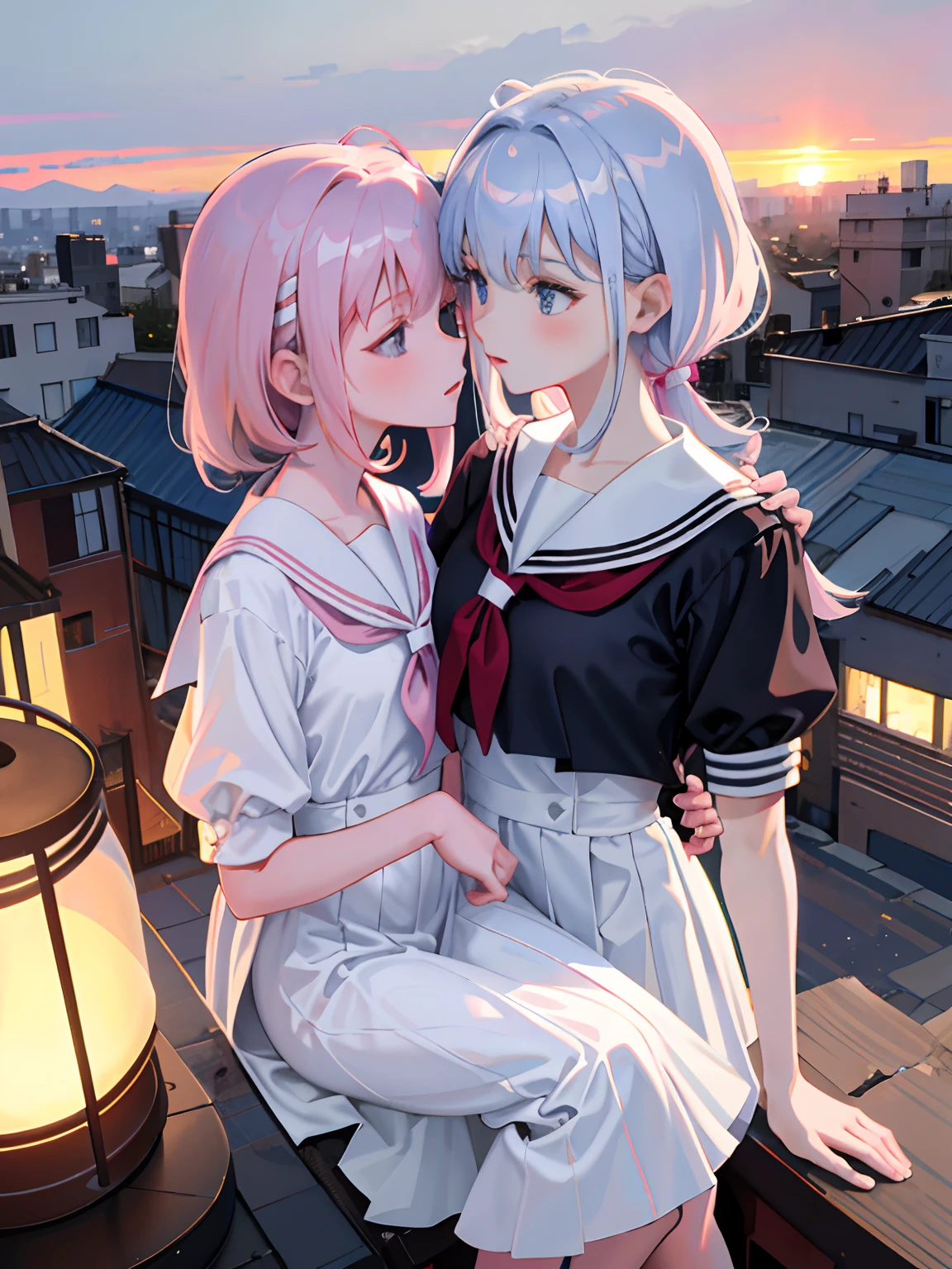 2 girls, elf, silver hair, red eyes, bob cut, braid, lily, kiss, school uniform, sailor suit, concept art, beautiful anime scene, beautiful anime scenery, top rating on pixiv, best quality, 4K