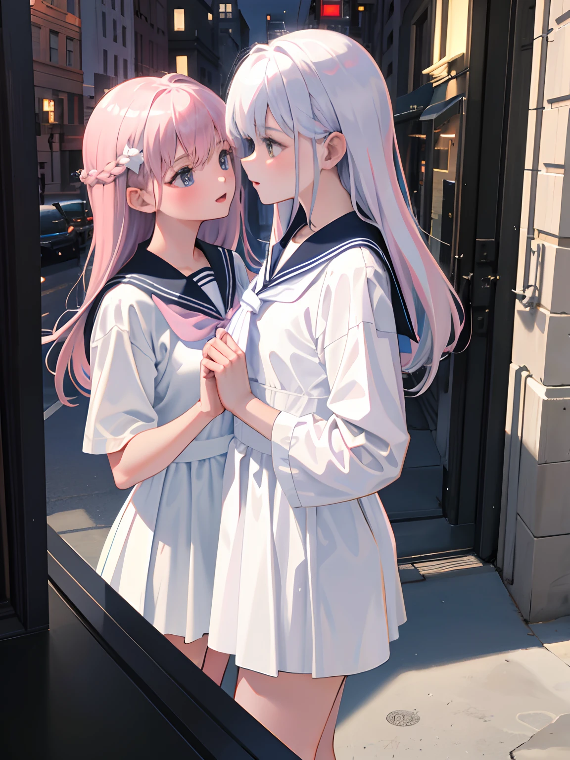 Masterpiece: 1.3), Best Quality, 2 girls, 18 and , white and pink hair color, delicate, rooftop, spirit, sunset, kissing, sailor suit and JK costume,