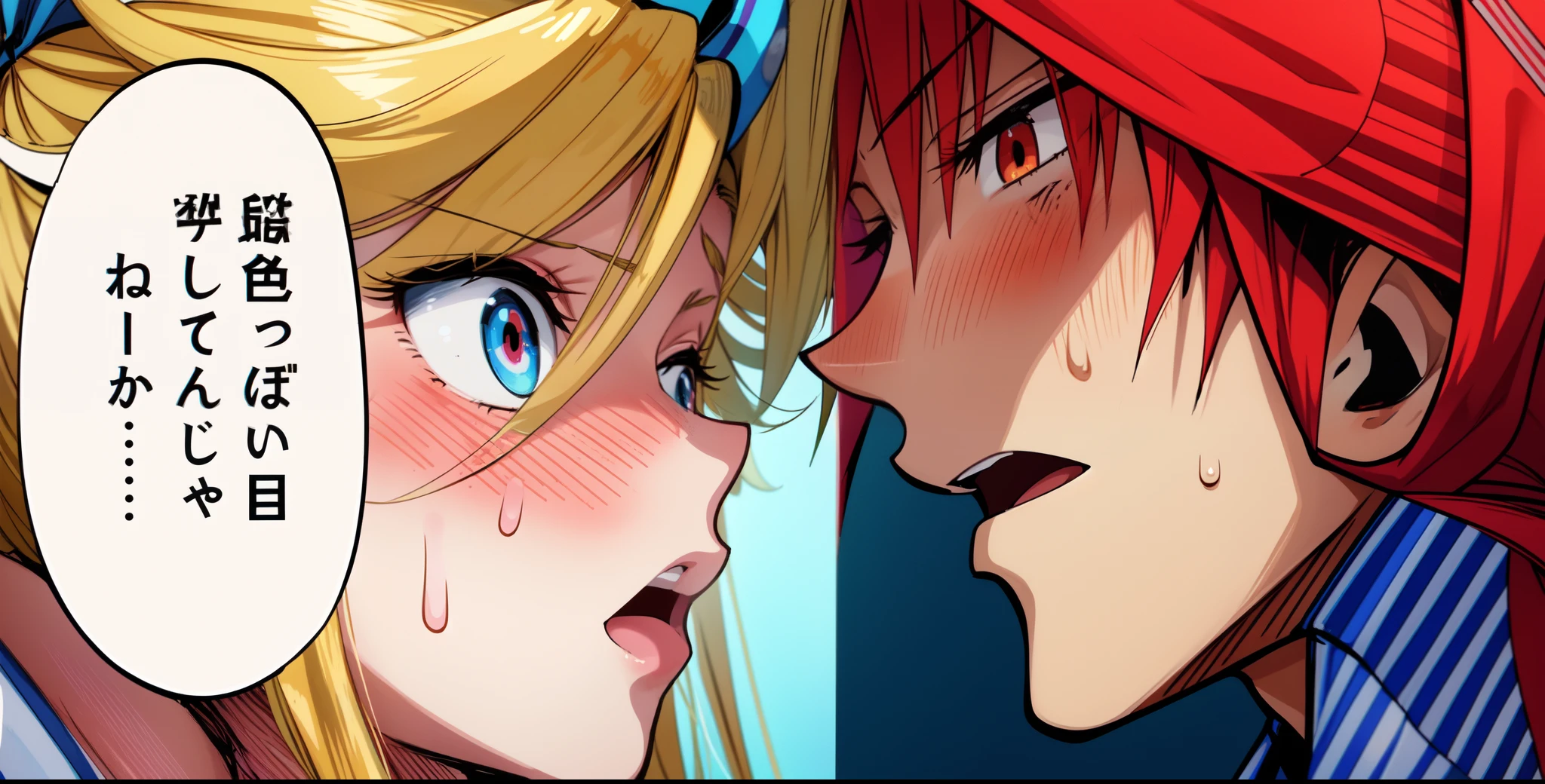 a anime of a girls boys manga want to kiss, girl blonde hair color, girl hair ribbon, girl blushing, boy red blue hair color, shocked, sweat, open mouth, white shirt, text manga, color manga, manga color, color manga, color manga panel, simple background, attacks on women