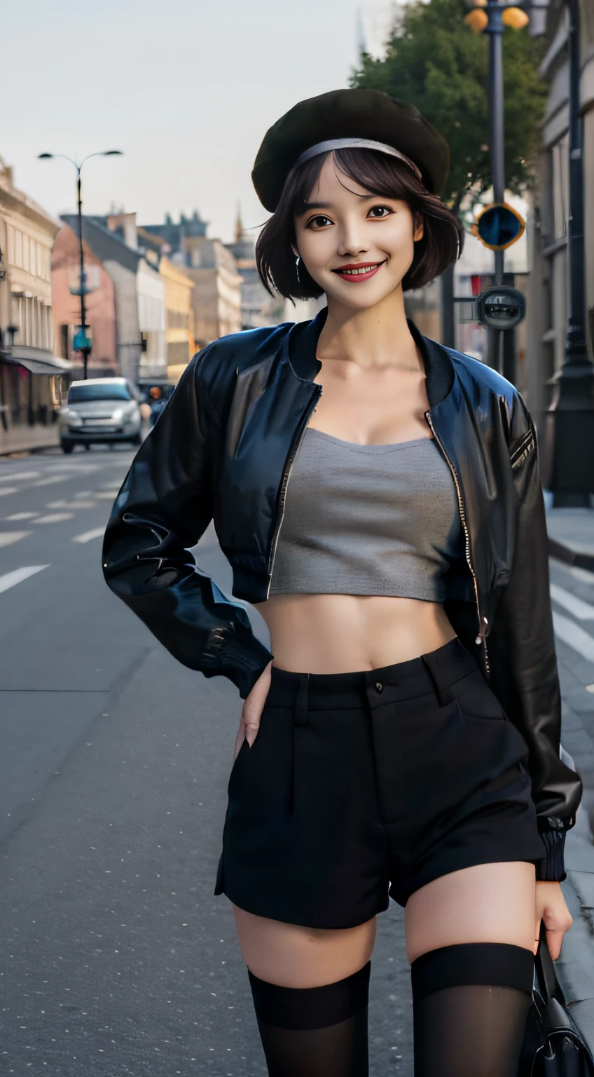 masterpiece, best quality, highres, hmanis, short hair, ahoge, hat, beret, hair ornament, cleavage, grey shirt, crop top, black jacket, open jacket, long sleeves, black shorts, short shorts, black thighhighs, knee pads, smile, street, hand on hip, standing, cowboy shot