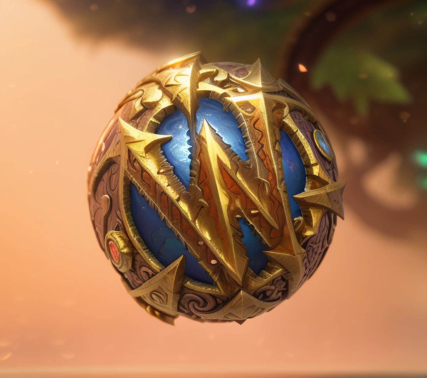 a closeup of a gold and blue emblem on a brown surface, Mundo de Warcarft, de World of Warcraft, worlf de warcraft, estilo warcraft, de wow, Estilo World of Warcraft, em estilo de warcraft, world of warcraft spell icon, wow 4 k fantasia detalhe, Hearthstone Inspirado, de warcraft, Mundo de Warcraft, Blizzard Warcraft