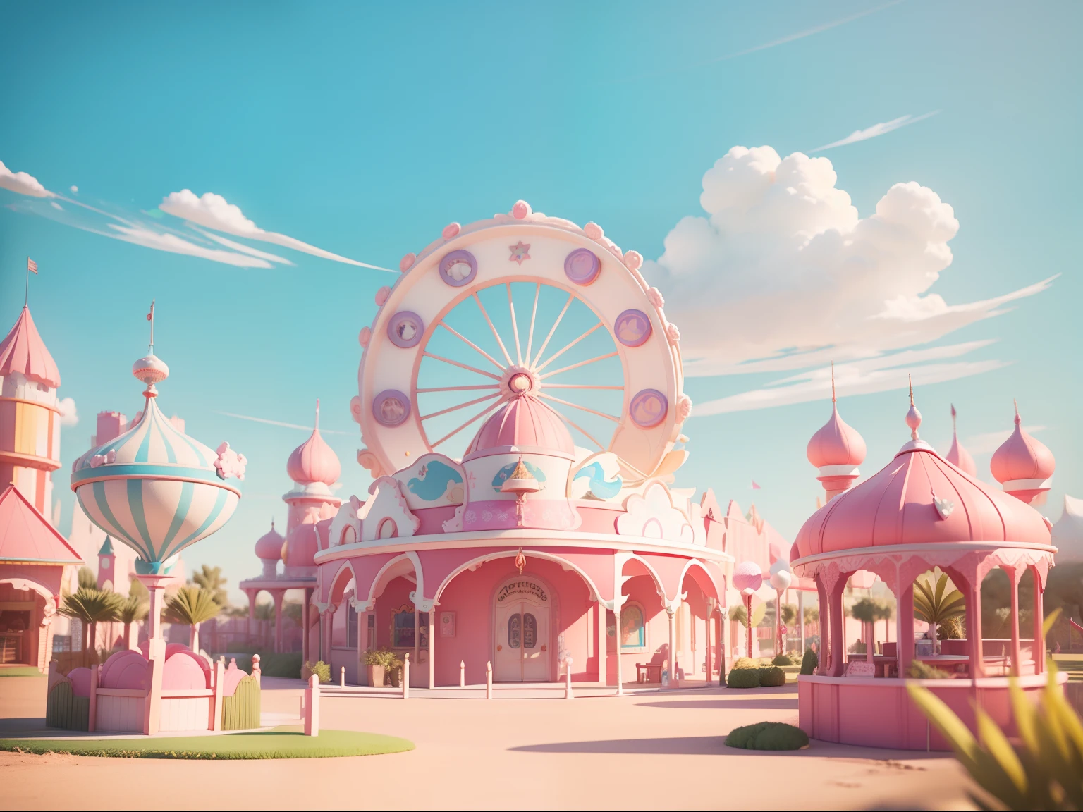 pastel color,clean background,3d art cinematic,colorful ride theme park scene with Castle and roller coasters and a carousel,Dream Candy Garden Castle,Super Detail, in the style of vray, cartoon scene,meticulous design,desert wave,seaside scenes,soft renderings,yellow and pink,pop,C4D,OC,Blender --ar 3:4 --niji 5