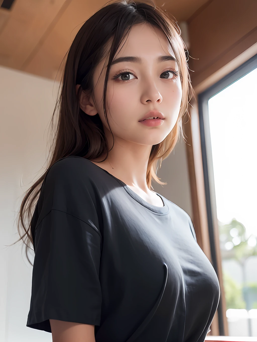 clothed、(Photo Real:1.4)、(hyper realisitic:1.4)、(realisitic:1.3)、
(Smoother lighting:1.05)、(Improved lighting quality in movies:0.9)、32K、
1girl in、20 years girl、Realistic lighting、back lighting、Facial light、raytrace、(Brightening light:1.2)、(Increase quality:1.4)、
(Top quality real texture skins:1.4)、finely eye、finerly detailed face、Fine quality eye、
(Tired, sleepy and satisfied)、close up of face、tshirts、Write、
(Mood up the body line:1.1)、(Improve skin texture:1.1)、a japanese girl