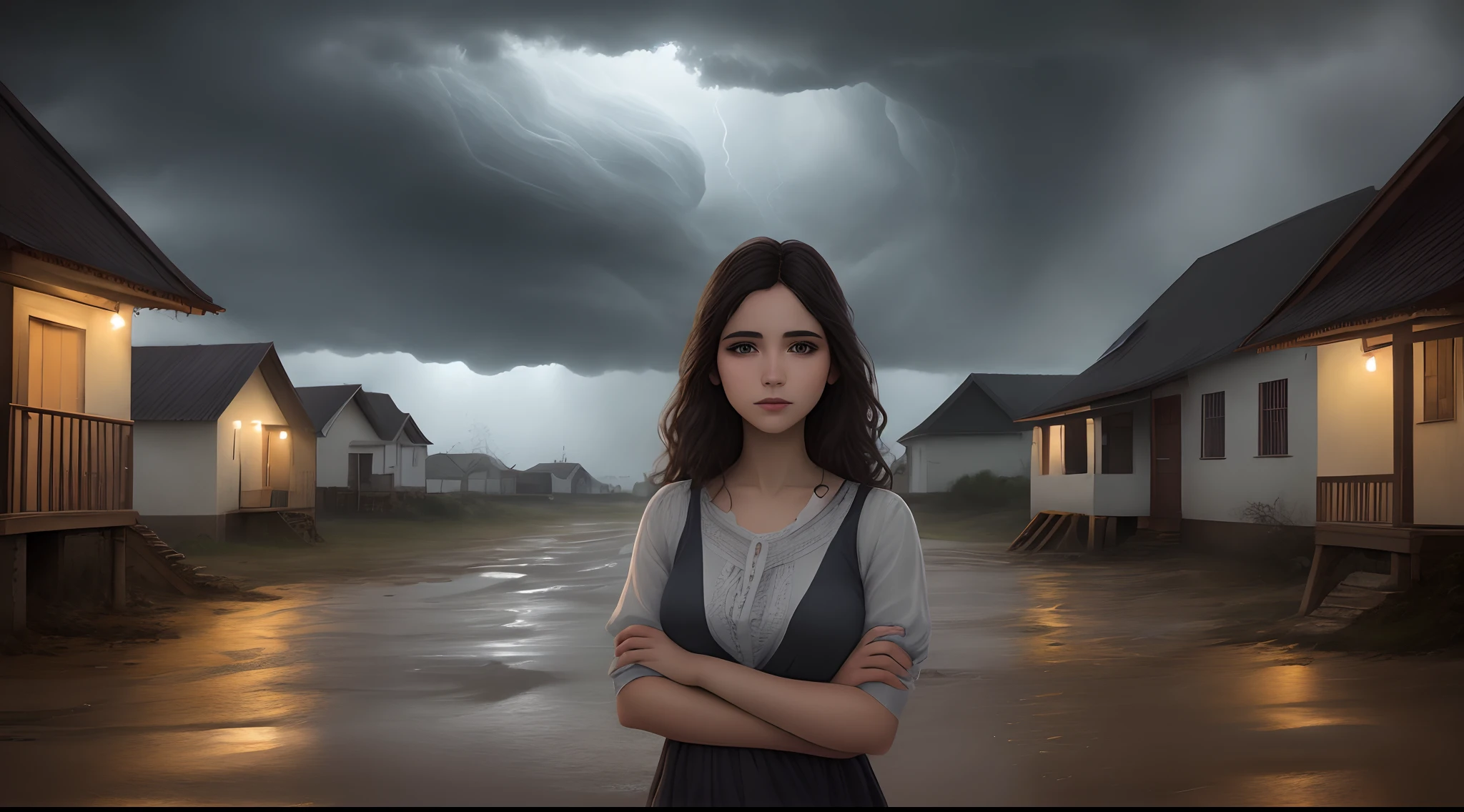 Mujer joven, esta enfrente de una casa, in the middle of a storm, piel perfecta, manos perfectas, obra maestra, es de noche.