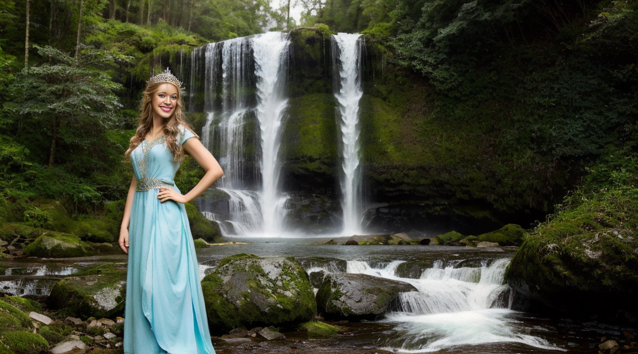 Only 1 arafed woman in a light blue dress with a waterfall in the background, full body, very beautiful Top model from Rio de Janeiro, Beautiful elven character with naughty smile, Elven Princess, beautiful elven princess, elven queen galadriel, realistic cosplay, elven black hair empress, rio, fantasy photo shoot, beautiful and elegant female elf