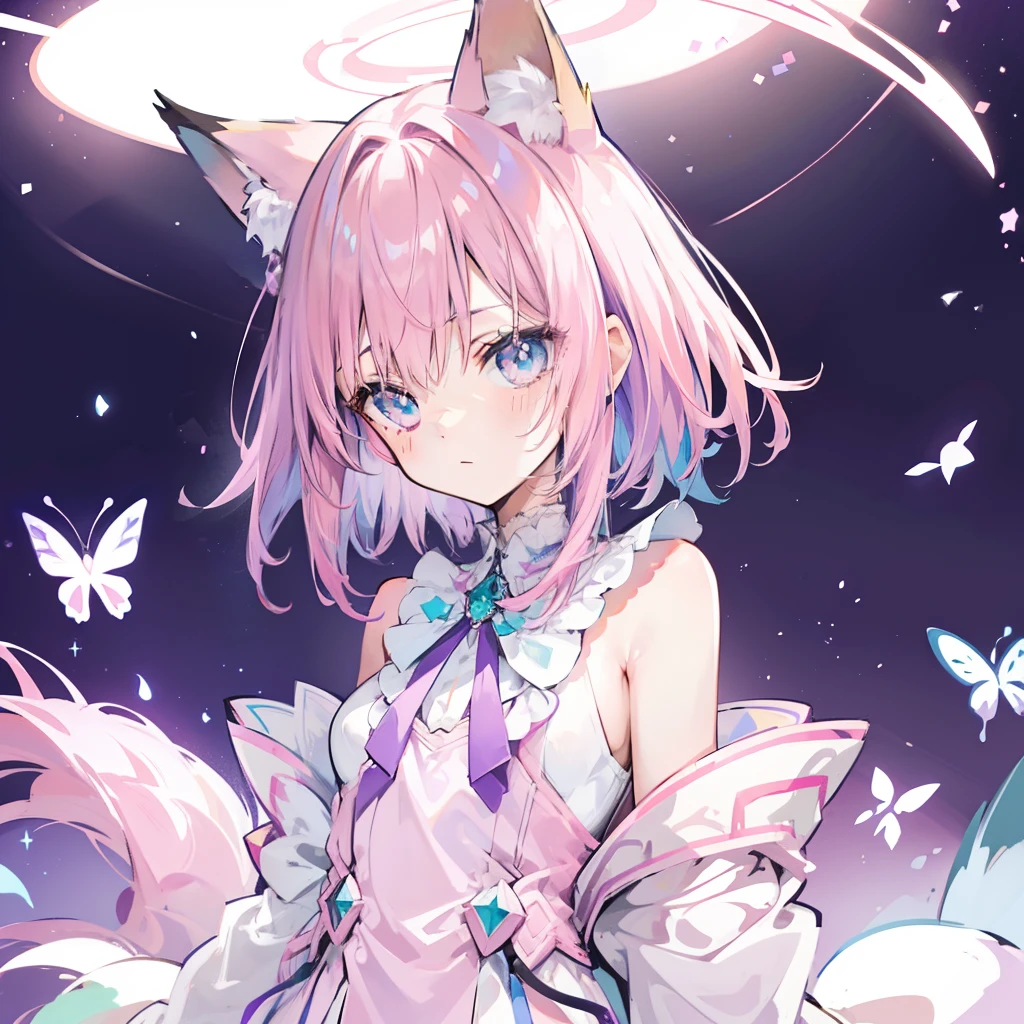 Against the background of the stars of the Heavenly Universe,A messy head,Pink and purple gradient hair,Acne-grown fox ears and fox tail,Pupils in pink color,There is a pair of blue-green butterfly wings on the back,Dressed in light cream white clothes,is a cute girl