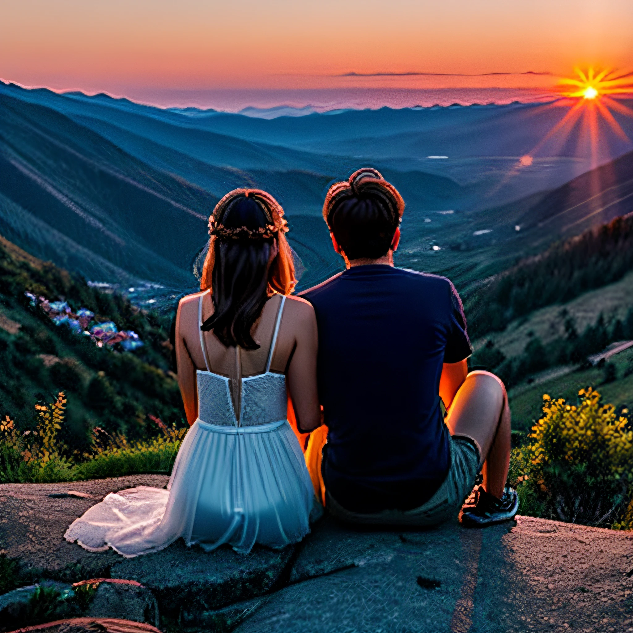 A couple of lovers sit on a rock looking at the valley, watching the sunset, looking out at a sunset, overlooking valley, looking out at a sunset, watching the sunset, looking at the mountains, Sunset view, late sunset, Beautiful views, gorgeous romantic sunset, setting in nature, summer setting, late sunset, sunset in a valley, Summer evening,The man puts his arm around the woman