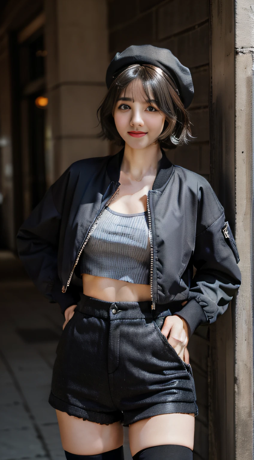 Masterpiece, Best quality, A high resolution, Manis, Short hair, ahoge, Hat, beret, hair adornments, cleavage, grey shirt, Crop top, Black jacket, Open jacket, Long sleeves, Black shorts, Short shorts, black thighhigns, Knee protectors, Smile, street, hand on hips, standing, Cowboy shot