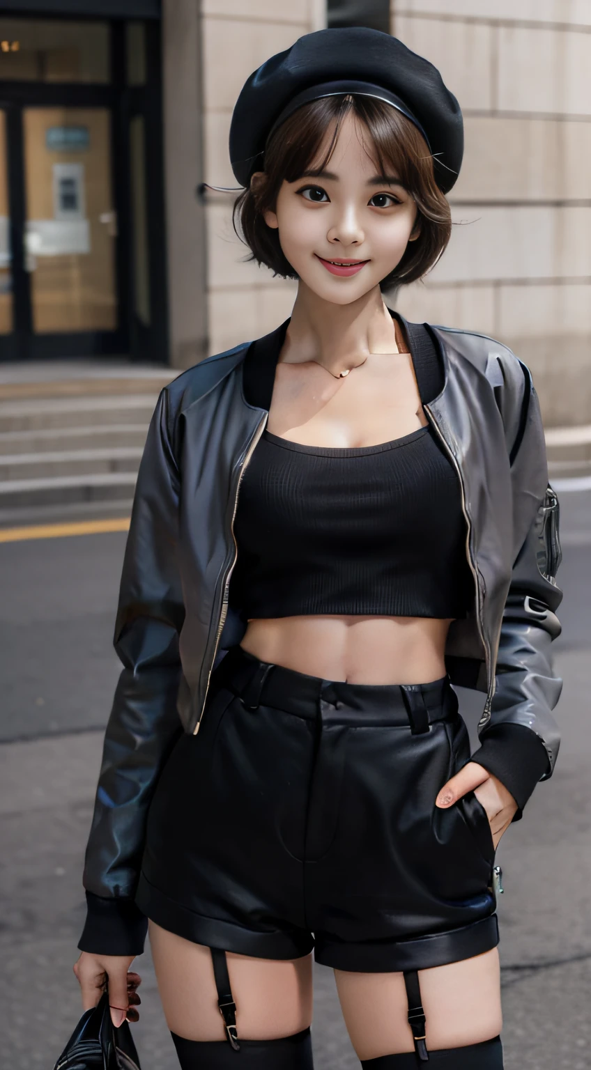 Masterpiece, Best quality, A high resolution, Manis, Short hair, ahoge, Hat, beret, hair adornments, cleavage, grey shirt, Crop top, Black jacket, Open jacket, Long sleeves, Black shorts, Short shorts, black thighhigns, Knee protectors, Smile, street, hand on hips, standing, Cowboy shot