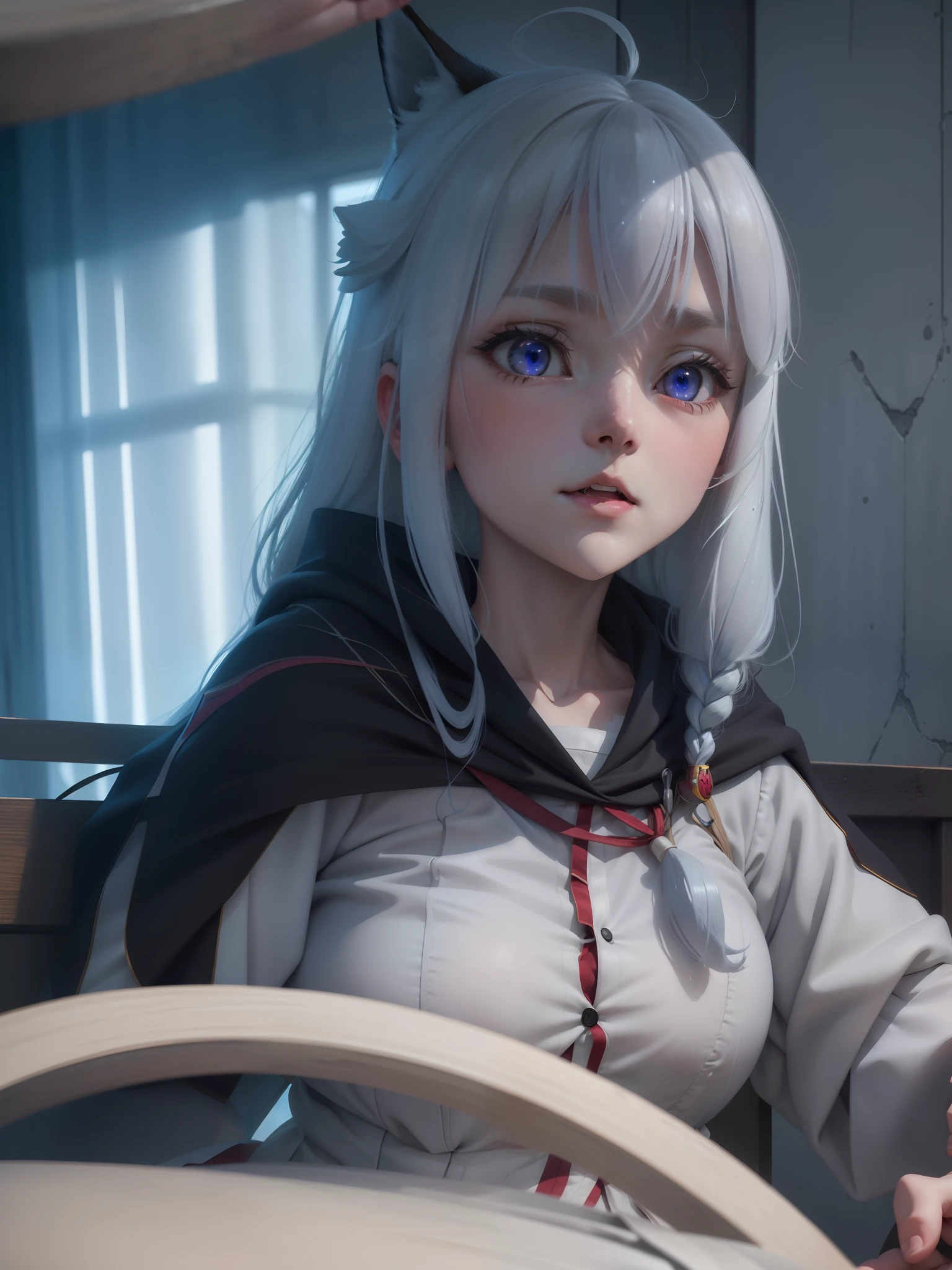 Pure，female high-school student，校服，Large breasts，long  white hair，fox ear，cross-eye，drools，red color eyes，Eyes on love，Flawless face，Ruddy face，Strenuous movements，