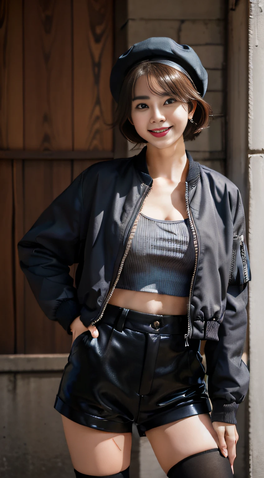 Masterpiece, Best quality, A high resolution, Manis, Short hair, ahoge, Hat, beret, hair adornments, cleavage, grey shirt, Crop top, Black jacket, Open jacket, Long sleeves, Black shorts, Short shorts, black thighhigns, Knee protectors, Smile, street, hand on hips, standing, Cowboy shot