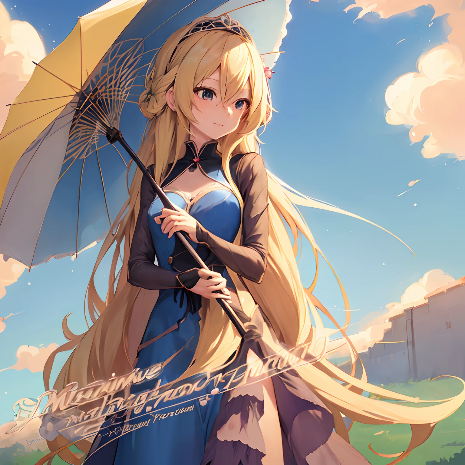 Anime girl with long blonde hair and umbrella blue dress, blonde anime girl with long hair, Beautiful anime girl, Beautiful Anime Portrait, splash art anime , Anime visuals of cute girls, Anime Girl with Long Hair, pretty anime girl, (Anime Girl), Beautiful anime, beautiful anime art style, Cute anime girl, High quality anime art style