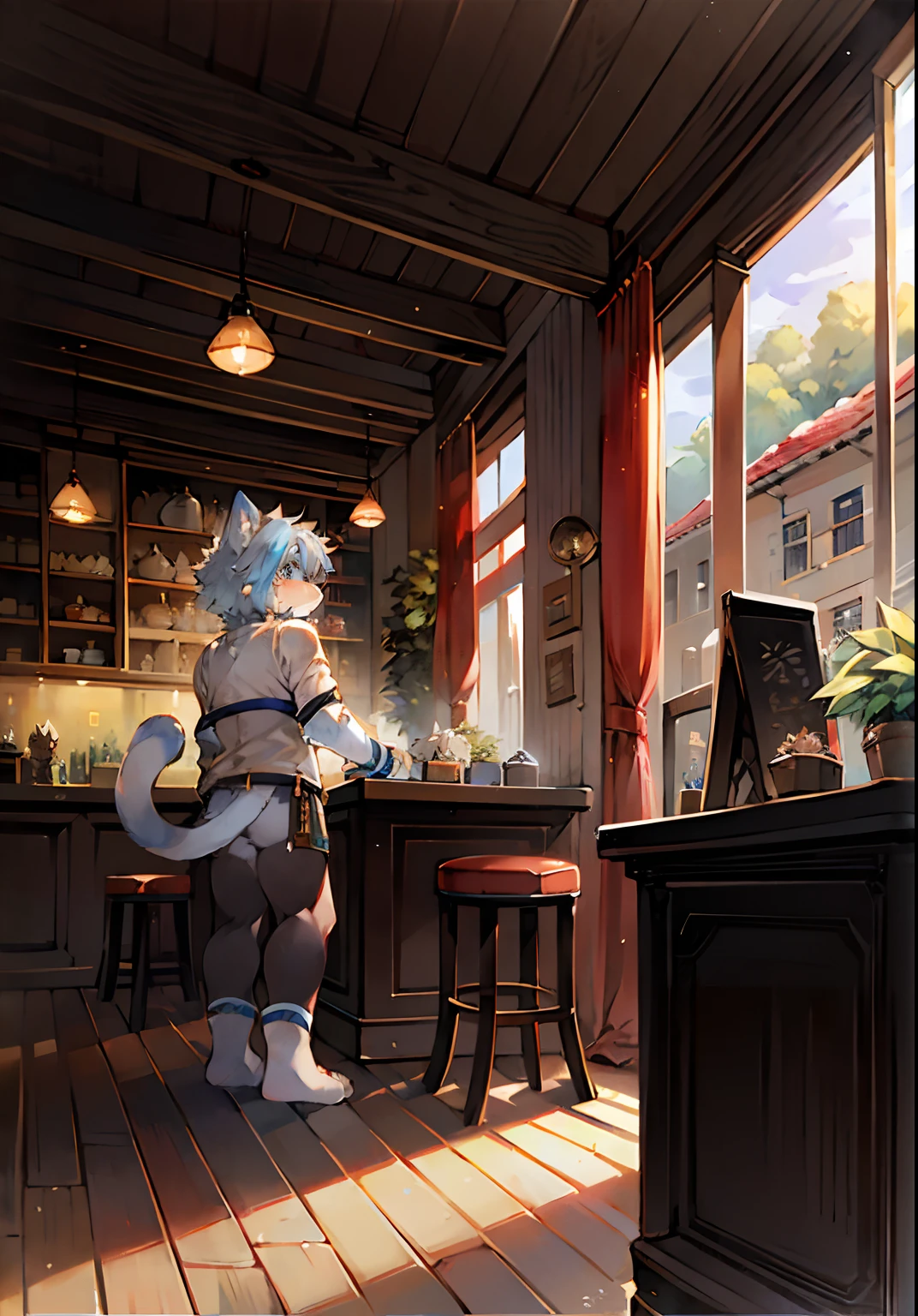"Masterpiece,high qulity,abstract res,digitial painting(artwork of a),by Dagasi,Yupa,Kiyosan,anthro,Fluffy fur,Character focus:1.1,anthro male cat,Short hair,Portrait,eyes with brightness,in a panoramic view,Character focus,detailedbackground:0.7,独奏,shaggy,shaggy male,malefocus,anthr,Full Body Furry,Fluffy tail,White fur,Ice blue eyes,Gray hair:1.2,felid,black leg rings:1.2,interiors、cafe shop:1.1"