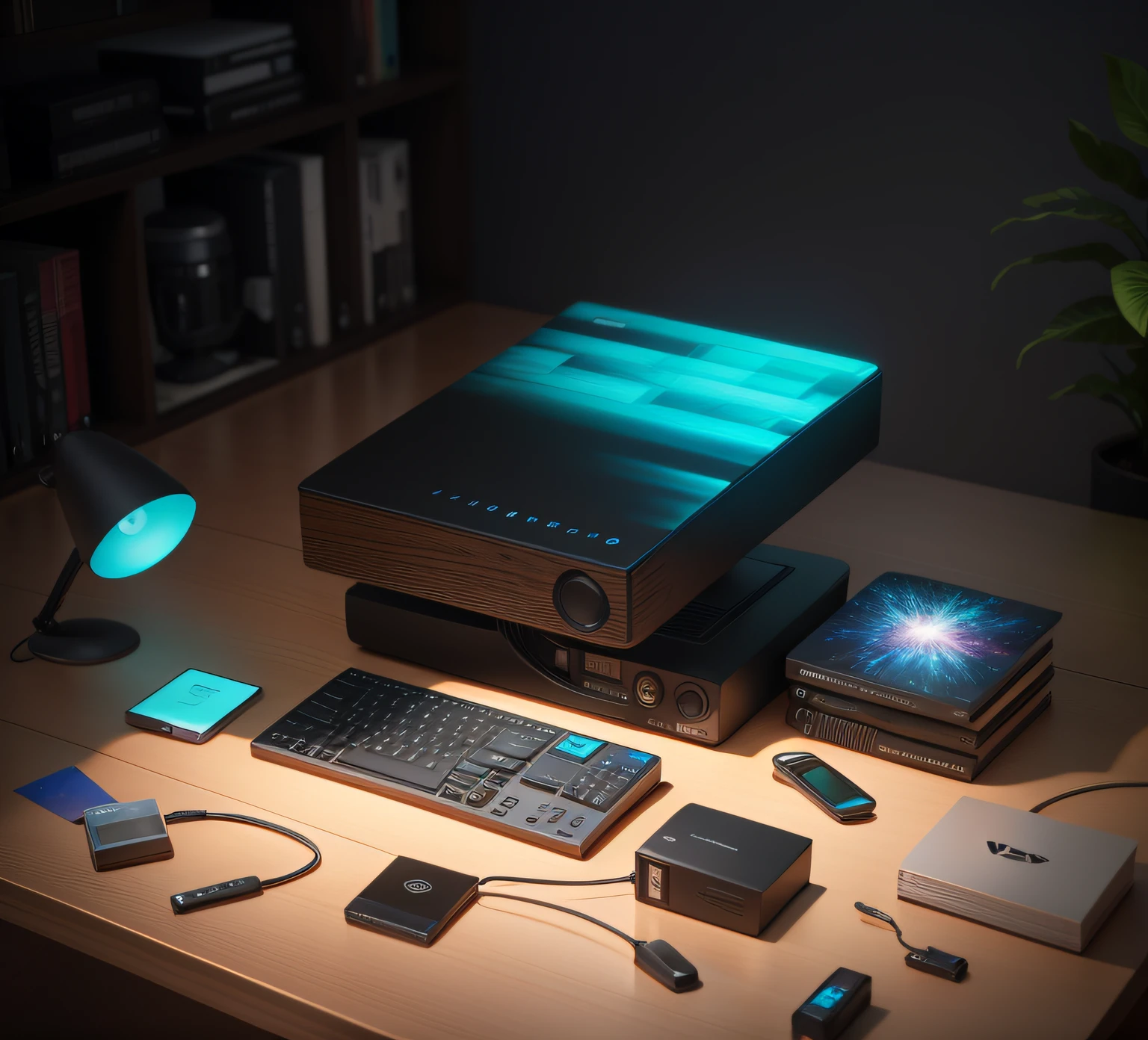 An external hard drive on the smooth-textured wooden office desk in a computer room. The picture is clear (Sharp: 0.7) and displays a colorful explosion of psychedelic paints (cores: 1.21), With incredible detail. Na mesa, Accessories include the Nikon D850 with Kodak Portra 400 photo film and f1 lenses.6, garantindo cores ricas e textura realista. Lighting is dramatic, and all around are the computer, enquanto, teclado e cabo USB.